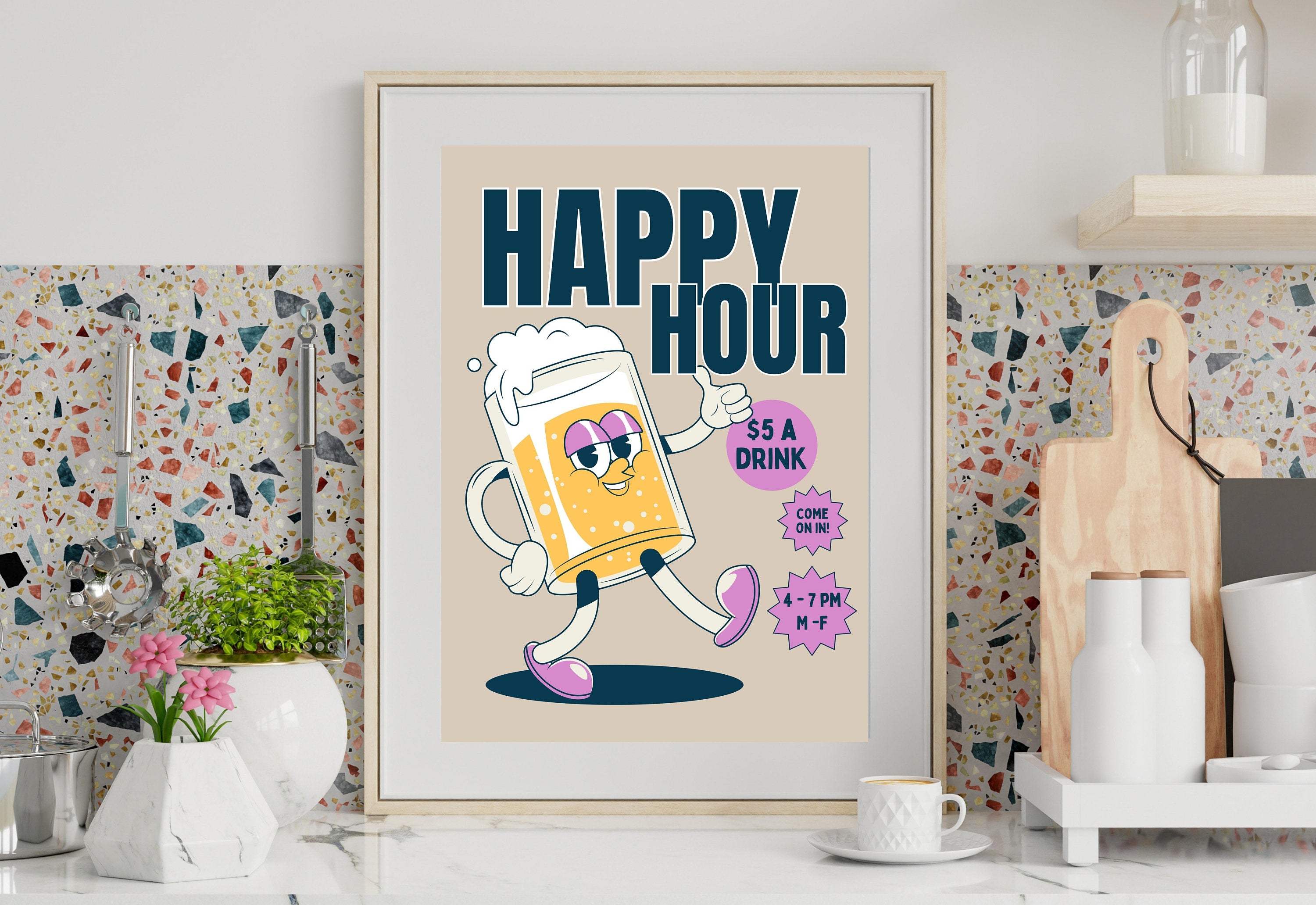 Happy Hour Poster-Bar Cart Wall Decor-Digital Download-Wall Print-Booked and Busy-Trendy Retro Art-70s Art Print-Retro Character