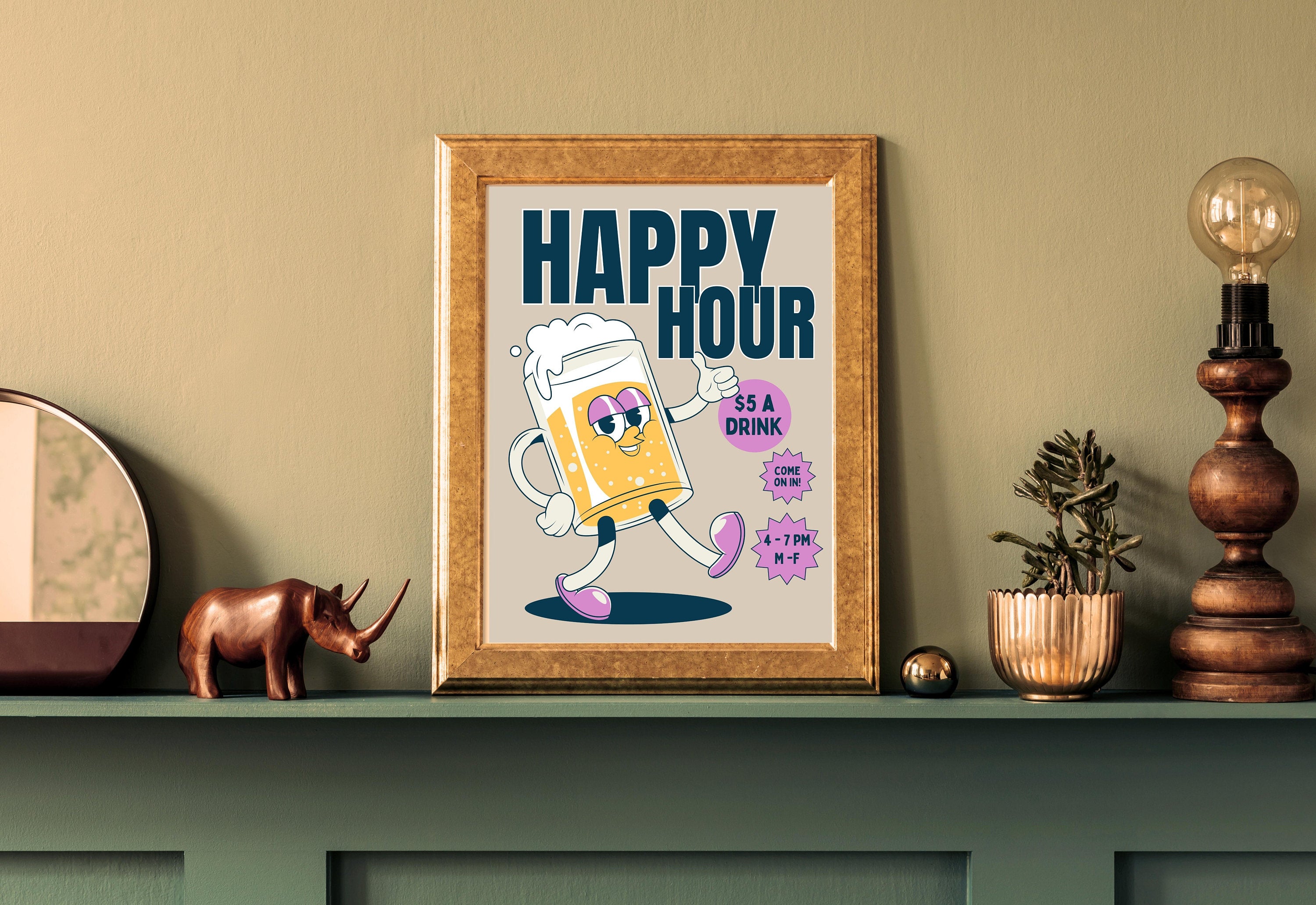 Happy Hour Poster-Bar Cart Wall Decor-Digital Download-Wall Print-Booked and Busy-Trendy Retro Art-70s Art Print-Retro Character