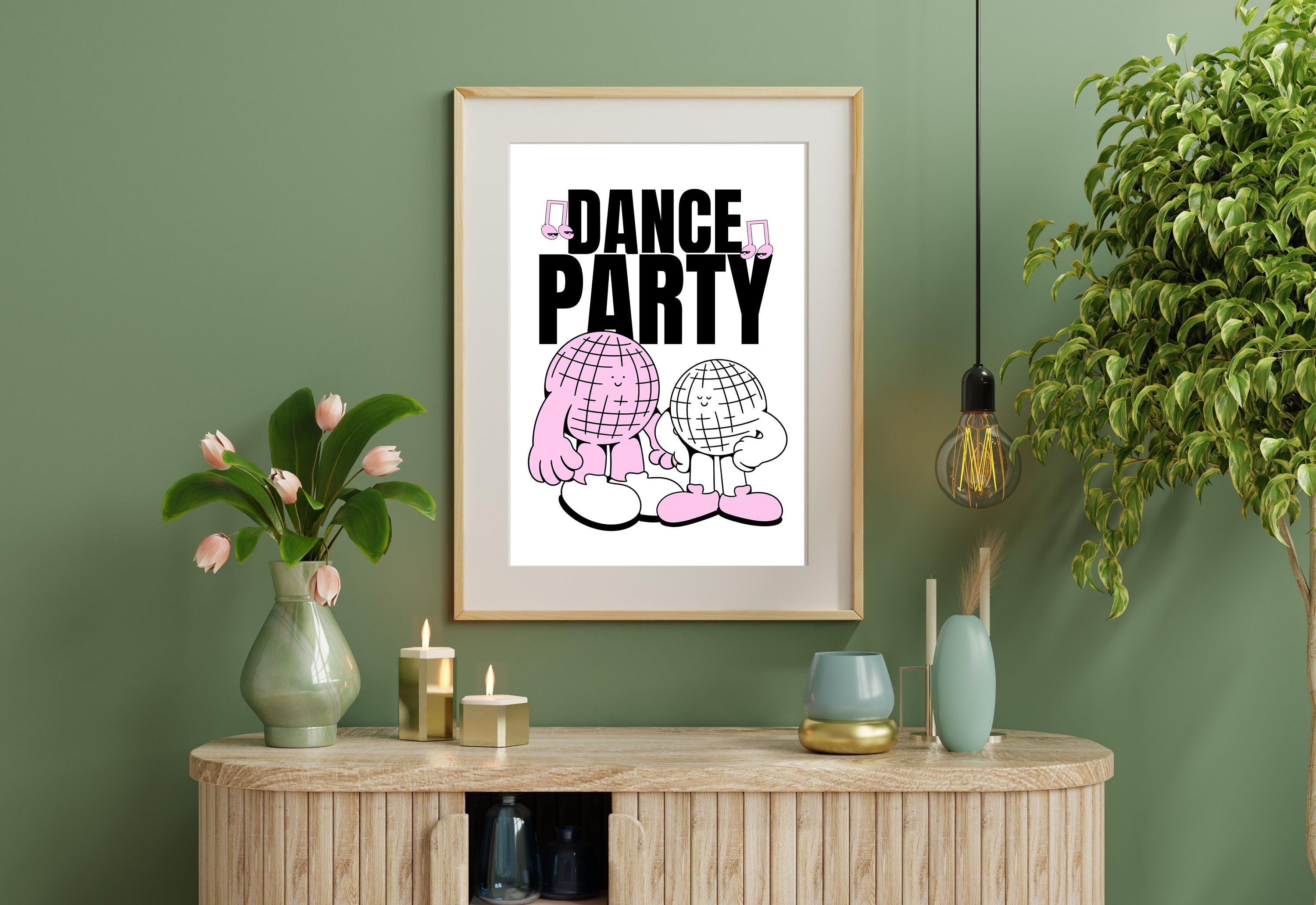 Dance Party Art-Digital Prints-Retro Art Quote-Drink Art-Kitchen Art Print-Kitchen Art-Disco Ball Art Print-Mirrorball Cartoon Print