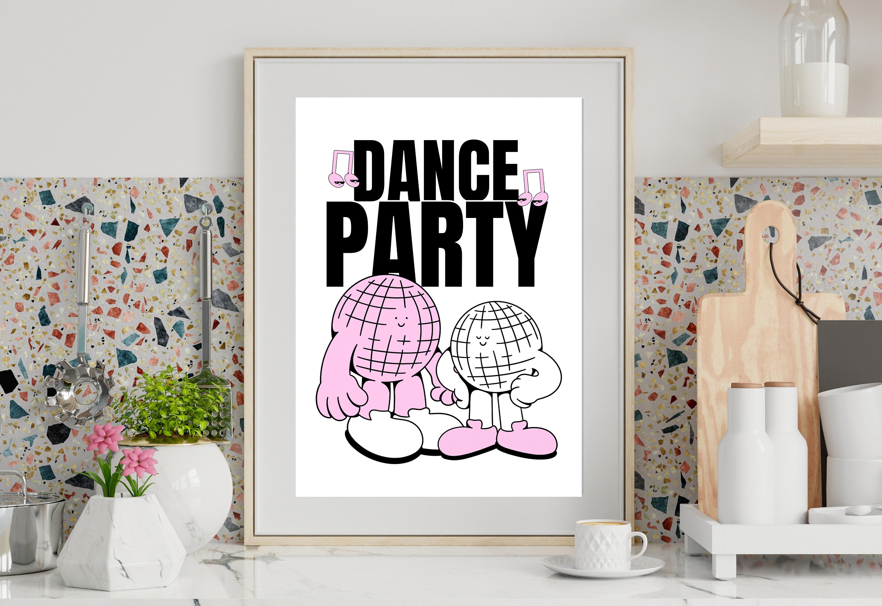 Dance Party Art-Digital Prints-Retro Art Quote-Drink Art-Kitchen Art Print-Kitchen Art-Disco Ball Art Print-Mirrorball Cartoon Print