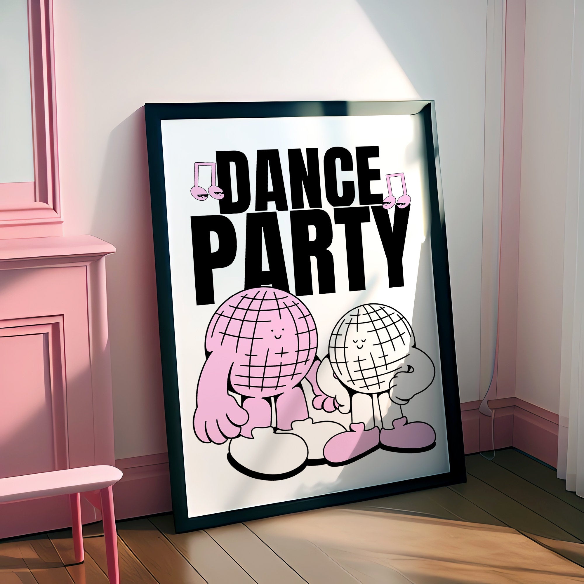 Dance Party Art-Digital Prints-Retro Art Quote-Drink Art-Kitchen Art Print-Kitchen Art-Disco Ball Art Print-Mirrorball Cartoon Print