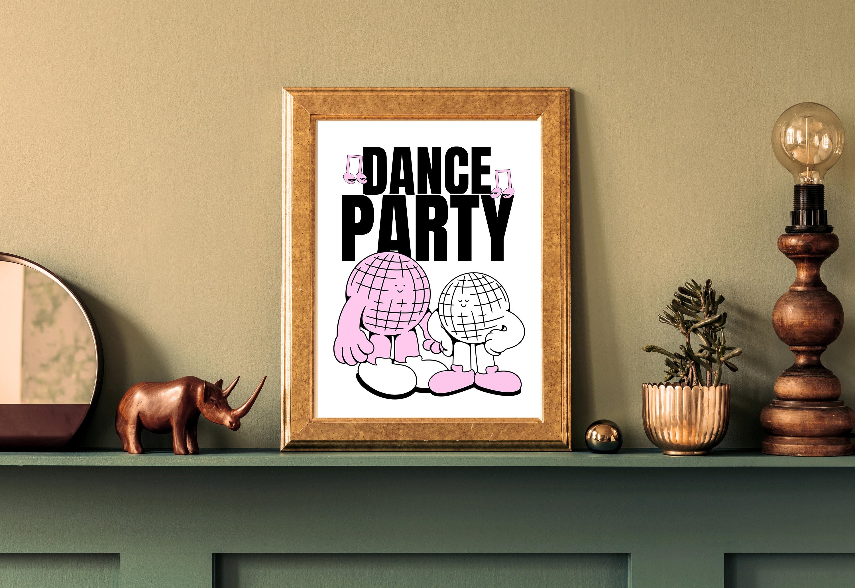 Dance Party Art-Digital Prints-Retro Art Quote-Drink Art-Kitchen Art Print-Kitchen Art-Disco Ball Art Print-Mirrorball Cartoon Print