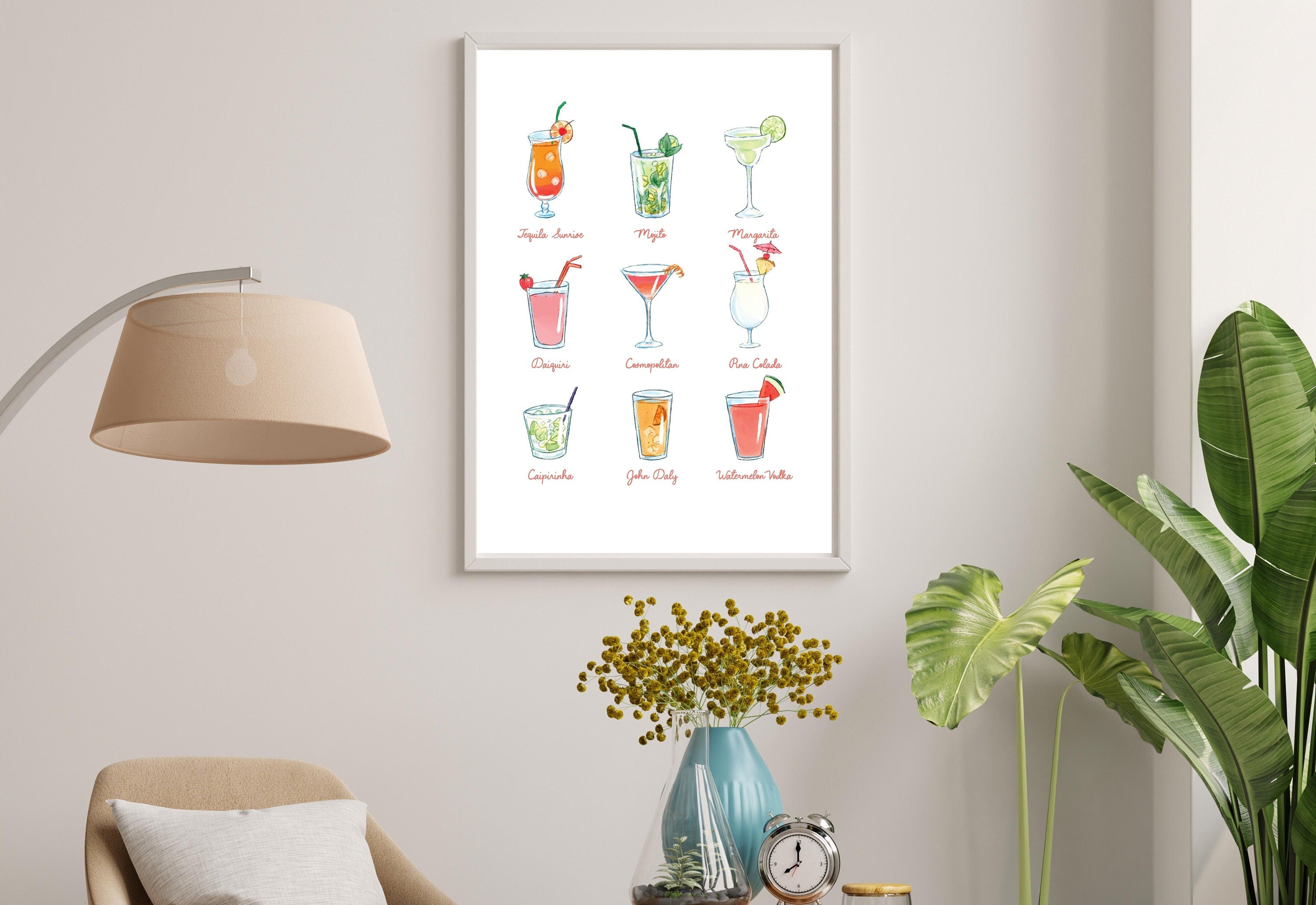 Retro Cocktails Poster-Wall Print-Digital Download-Preppy Pink Prints-Barbie Doll Art-Vintage Doll Art-Y2K Aesthetic-Girly Bar Cart Art