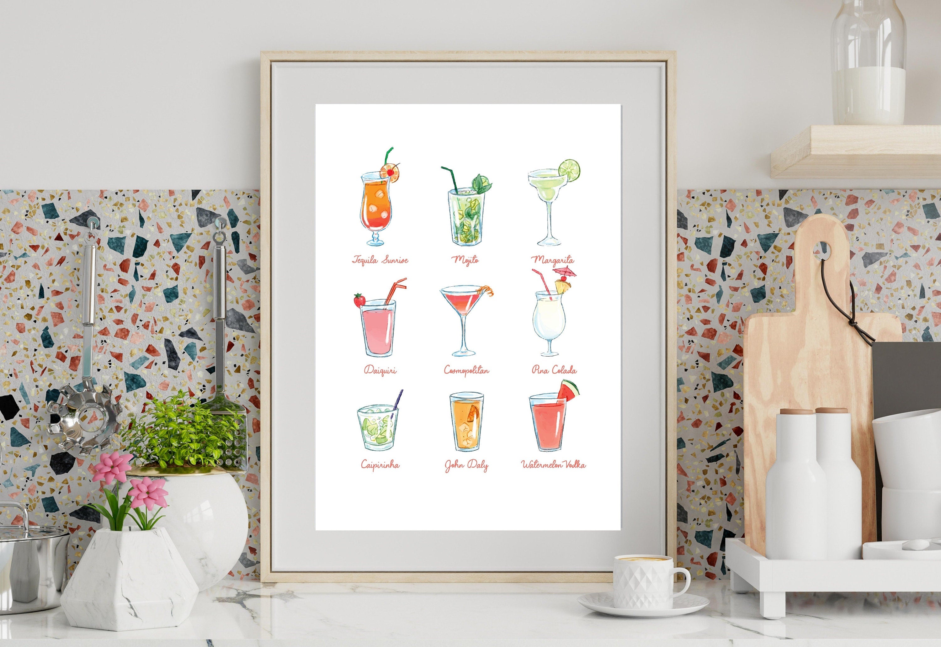 Retro Cocktails Poster-Wall Print-Digital Download-Preppy Pink Prints-Barbie Doll Art-Vintage Doll Art-Y2K Aesthetic-Girly Bar Cart Art