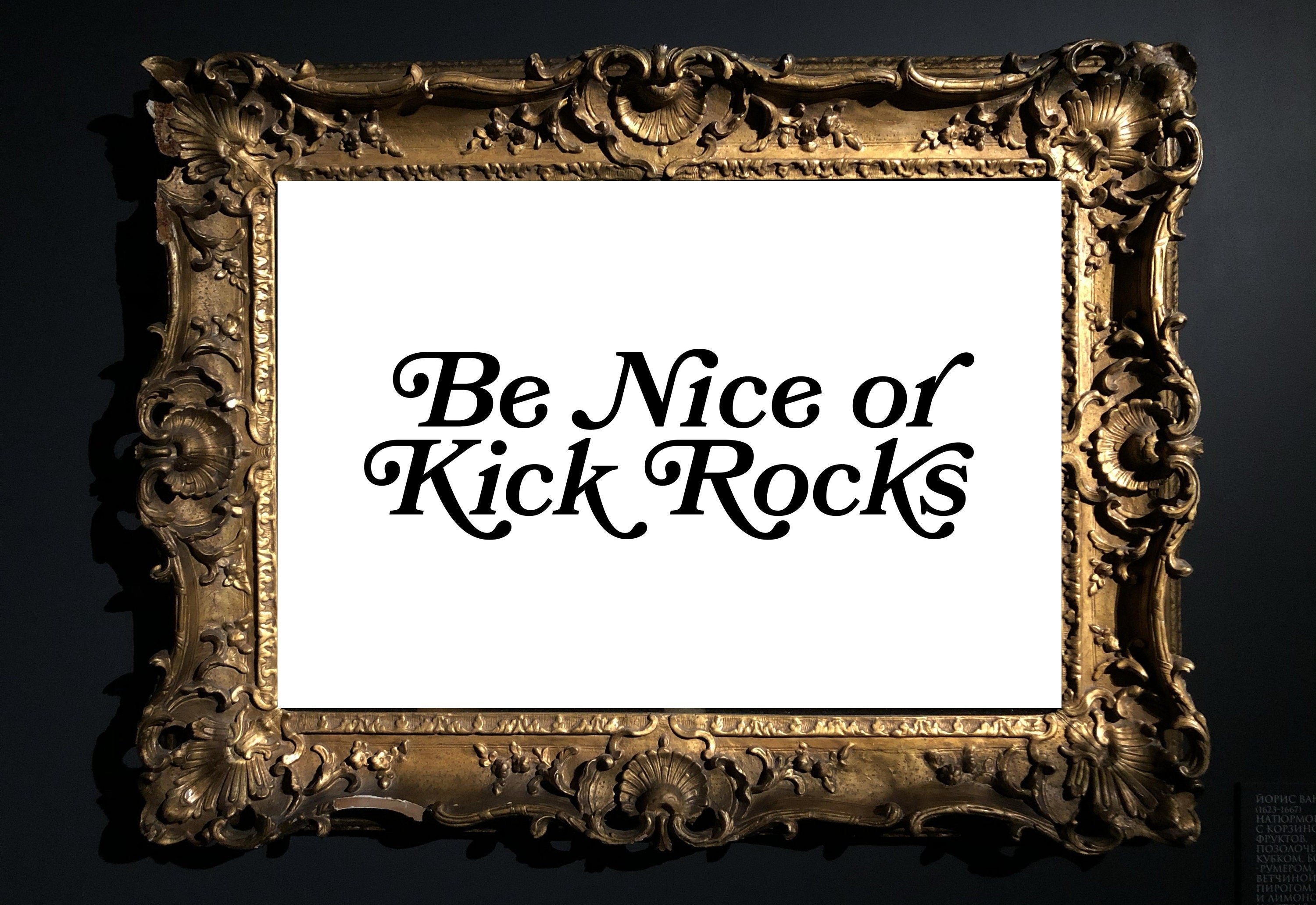 Be Nice or Kick Rocks message as digital artwork