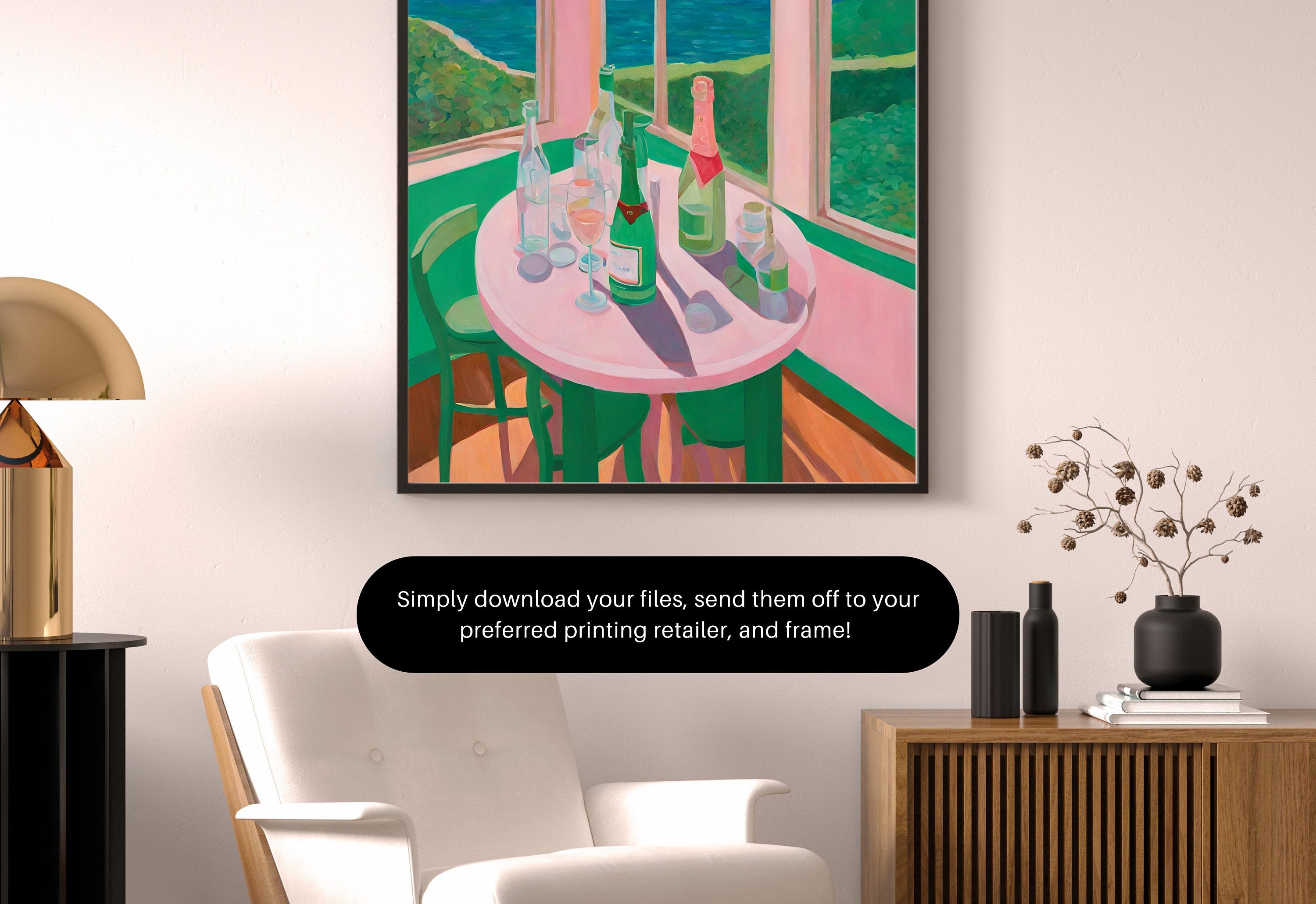 Champagne Art Print,Wall Art Print,Digital Downloads,Trendy Art,Flower Art,Retro Downloadable Print,Pink Apartment Painting,1950s Aesthetic