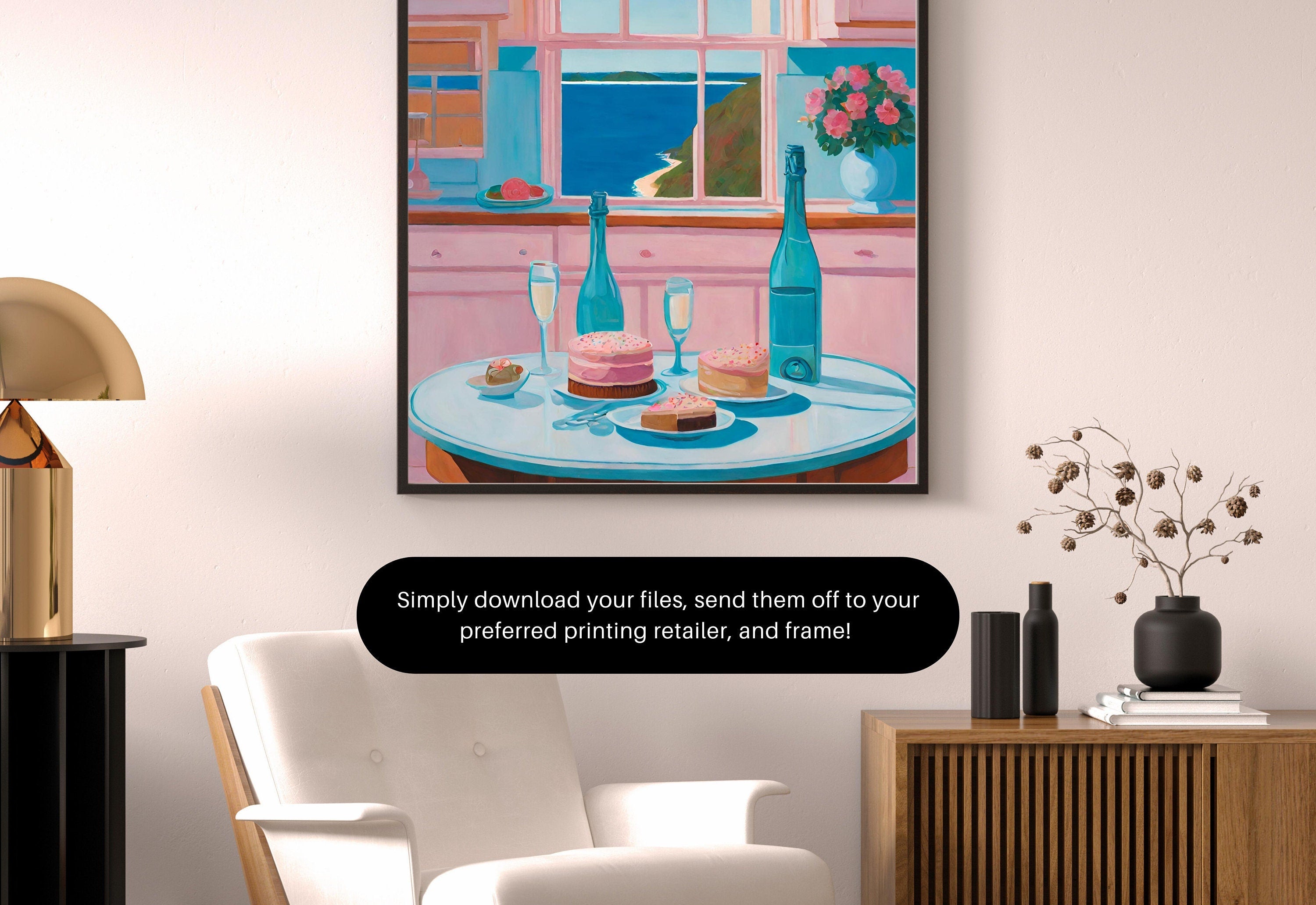 Champagne Art Print,Wall Art Print,Digital Downloads,Trendy Art,Flower Art,Retro Downloadable Print,Pink Apartment Painting,1950s Aesthetic