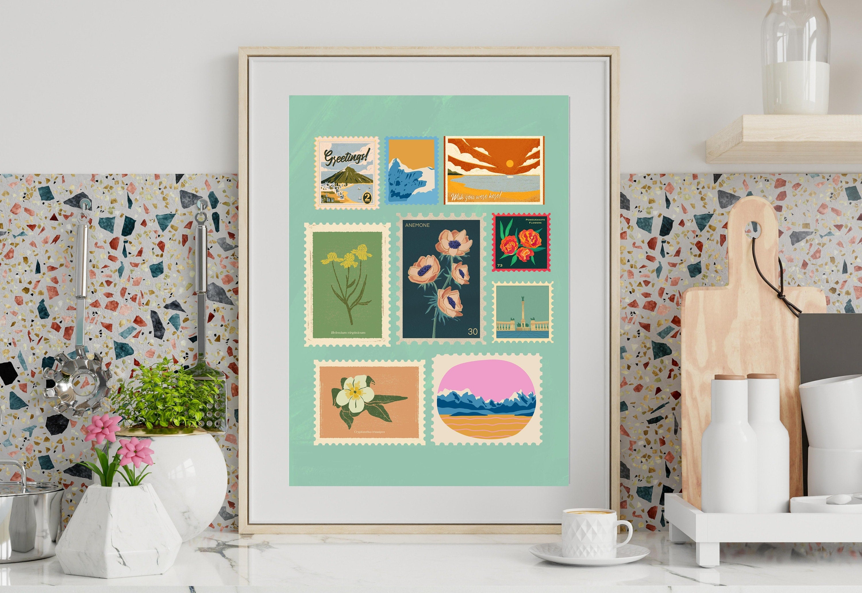 Stamps Painting-Floral Art Print-Wall Art Print-Digital Downloads-Trendy Art-Retro Decor-Digital Print-Downloadable Prints-Flower Art