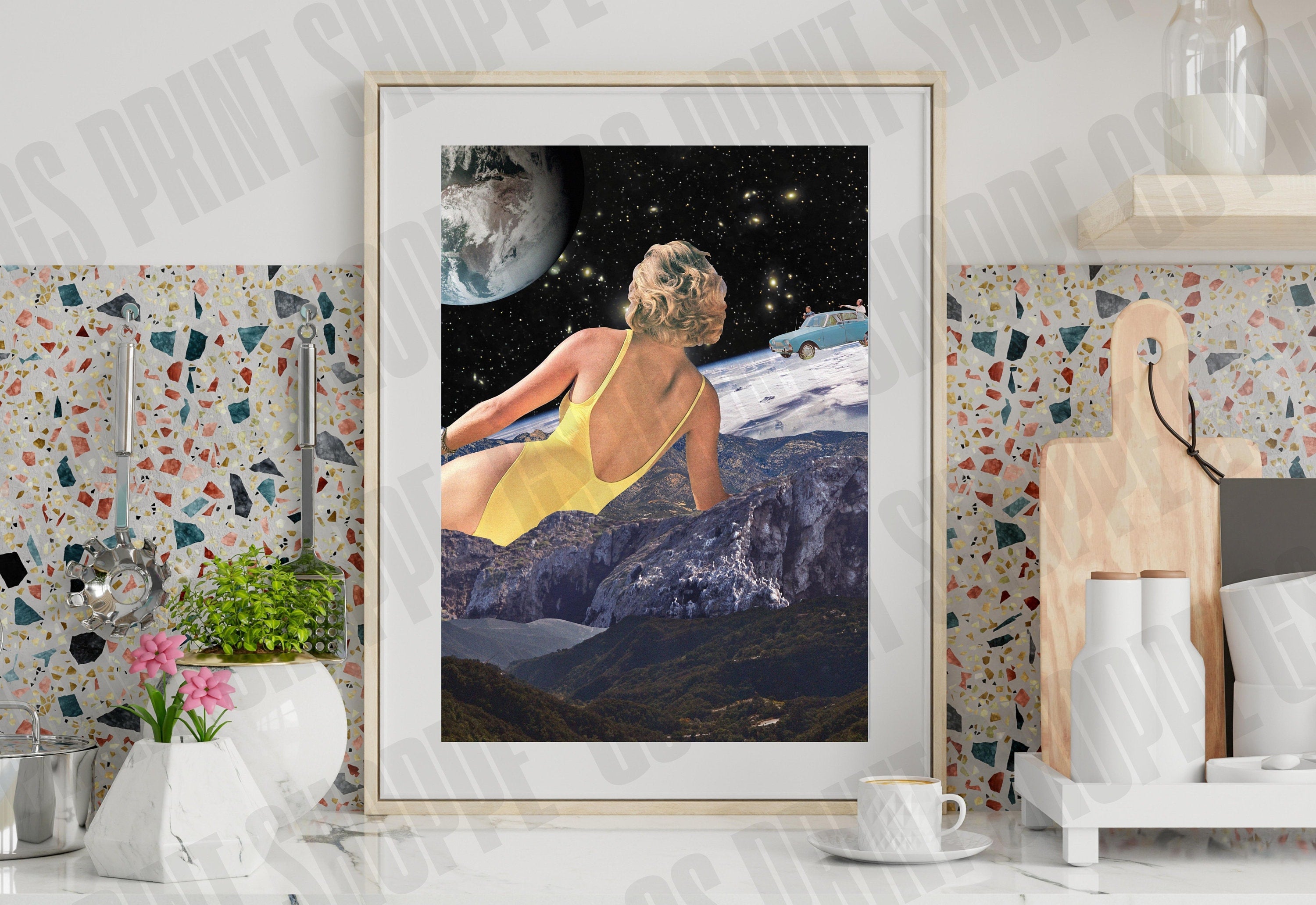 Surreal Retro Space Collage, Collage Art Print, Surreal Art Print, Surrealism Print, Poolside Art, Mountain Art Print, Retro Collage Print