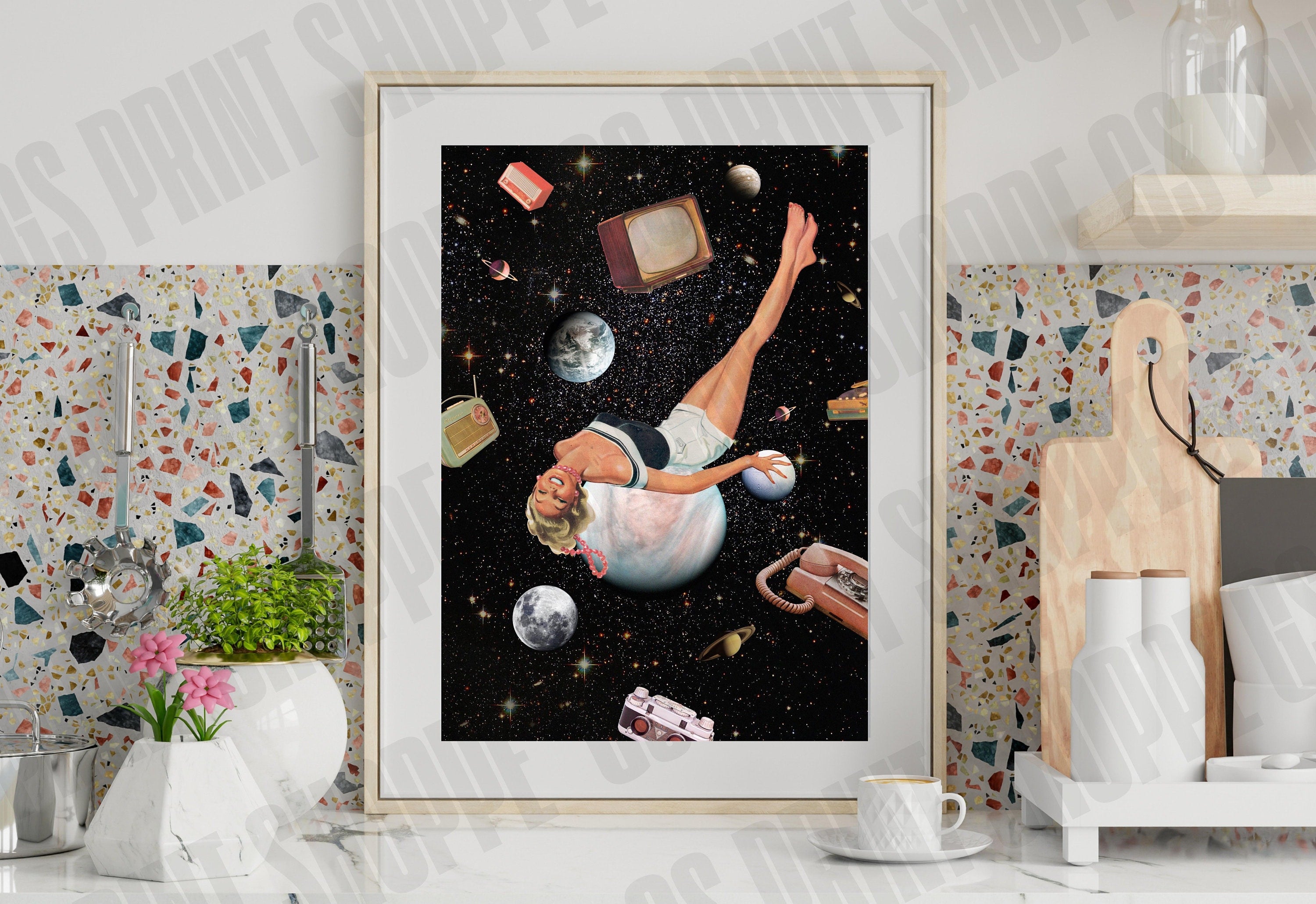 Surreal Retro Space Collage, Collage Art Print, Surreal Art Print, Surrealism Print, Poolside Art, Mountain Art Print, Retro Collage Print