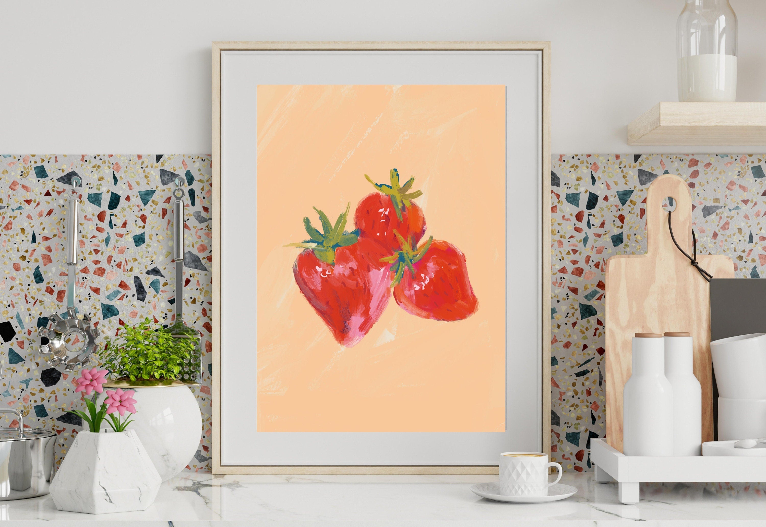 Strawberries Art Print,Digital Downloads,Christmas Gift,Fruit Art,Trendy Art,Painting Fruit Art,Girly Art,Cocktail Prints-Trendy Pink Art