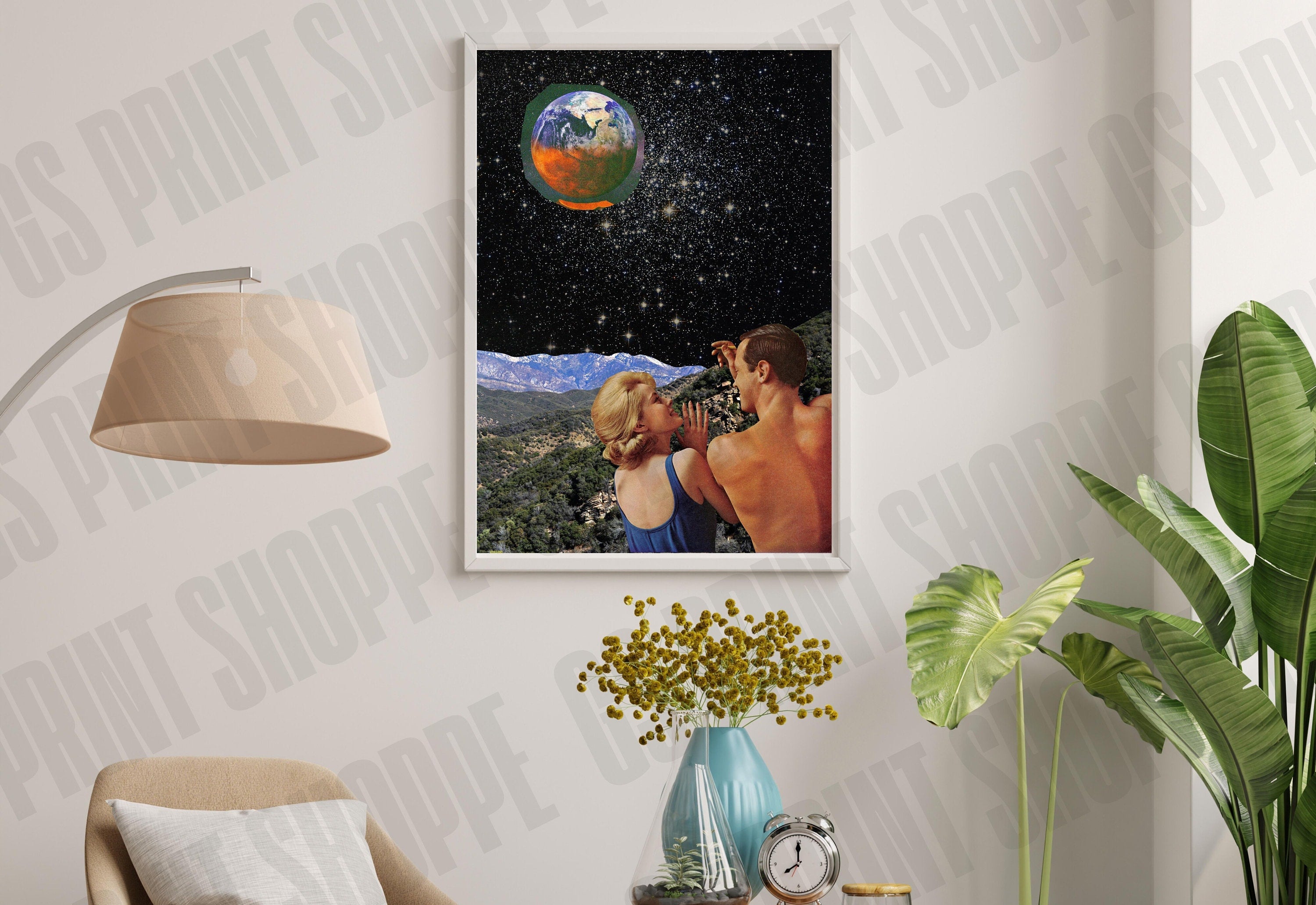 Surreal Retro Space Collage, Collage Art Print, Surreal Art Print, Surrealism Print, Poolside Art, Mountain Art Print, Retro Collage Print