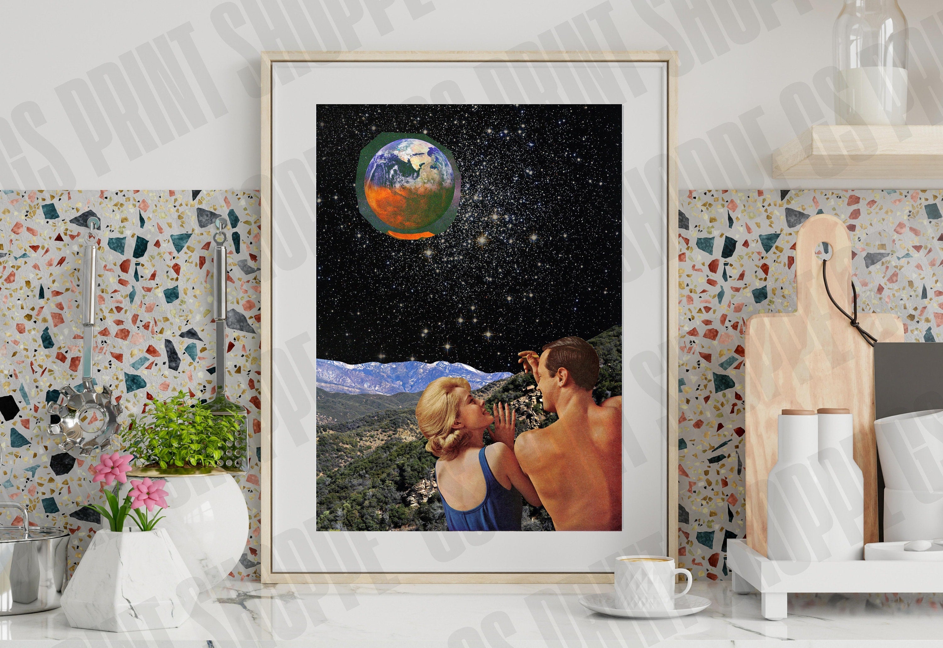 Surreal Retro Space Collage, Collage Art Print, Surreal Art Print, Surrealism Print, Poolside Art, Mountain Art Print, Retro Collage Print