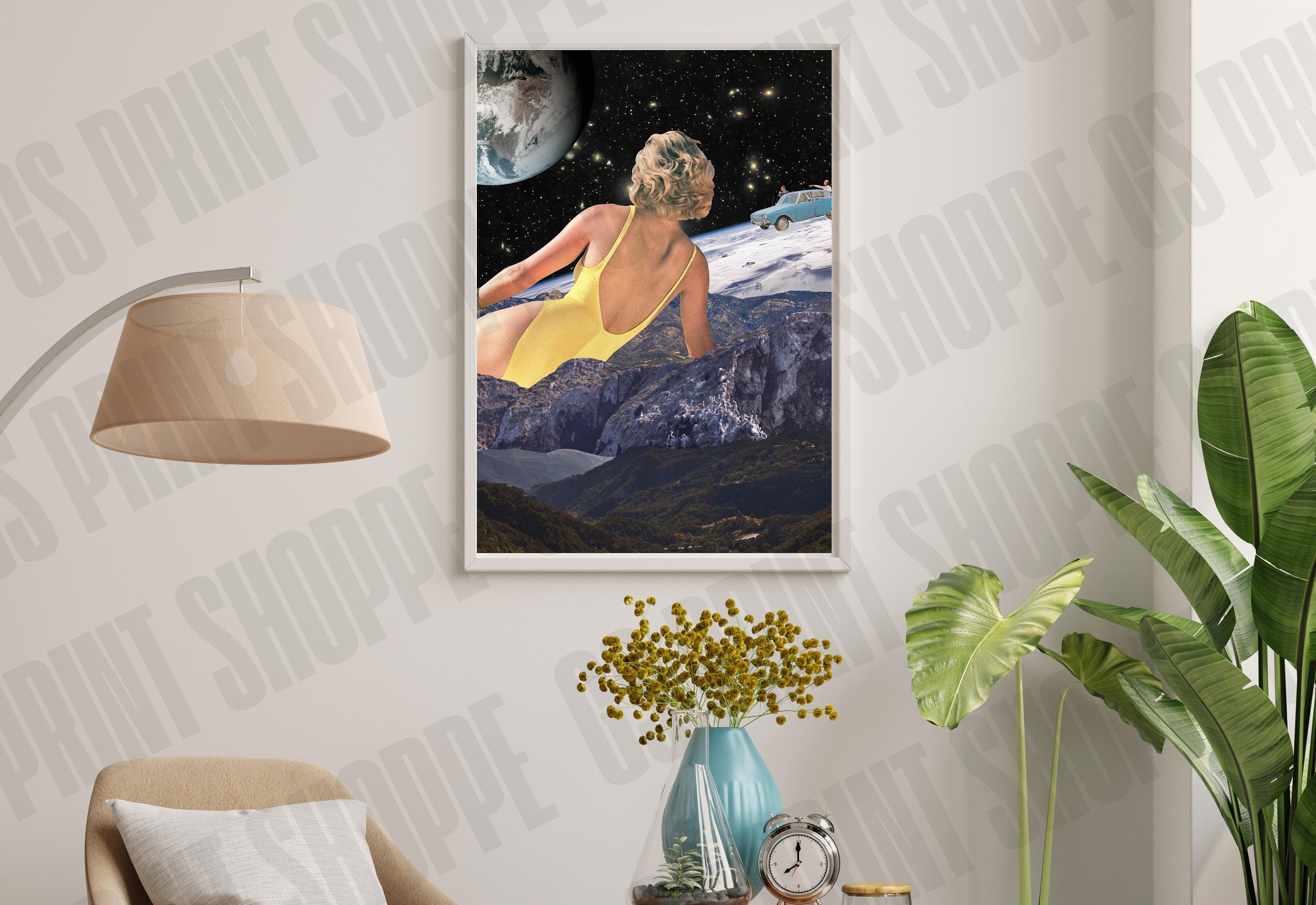 Surreal Retro Space Collage, Collage Art Print, Surreal Art Print, Surrealism Print, Poolside Art, Mountain Art Print, Retro Collage Print