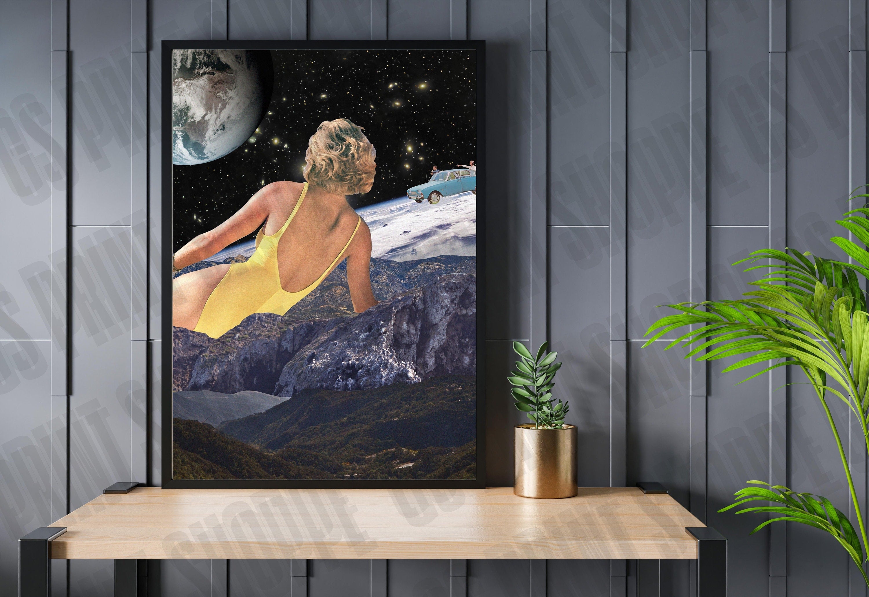 Surreal Retro Space Collage, Collage Art Print, Surreal Art Print, Surrealism Print, Poolside Art, Mountain Art Print, Retro Collage Print