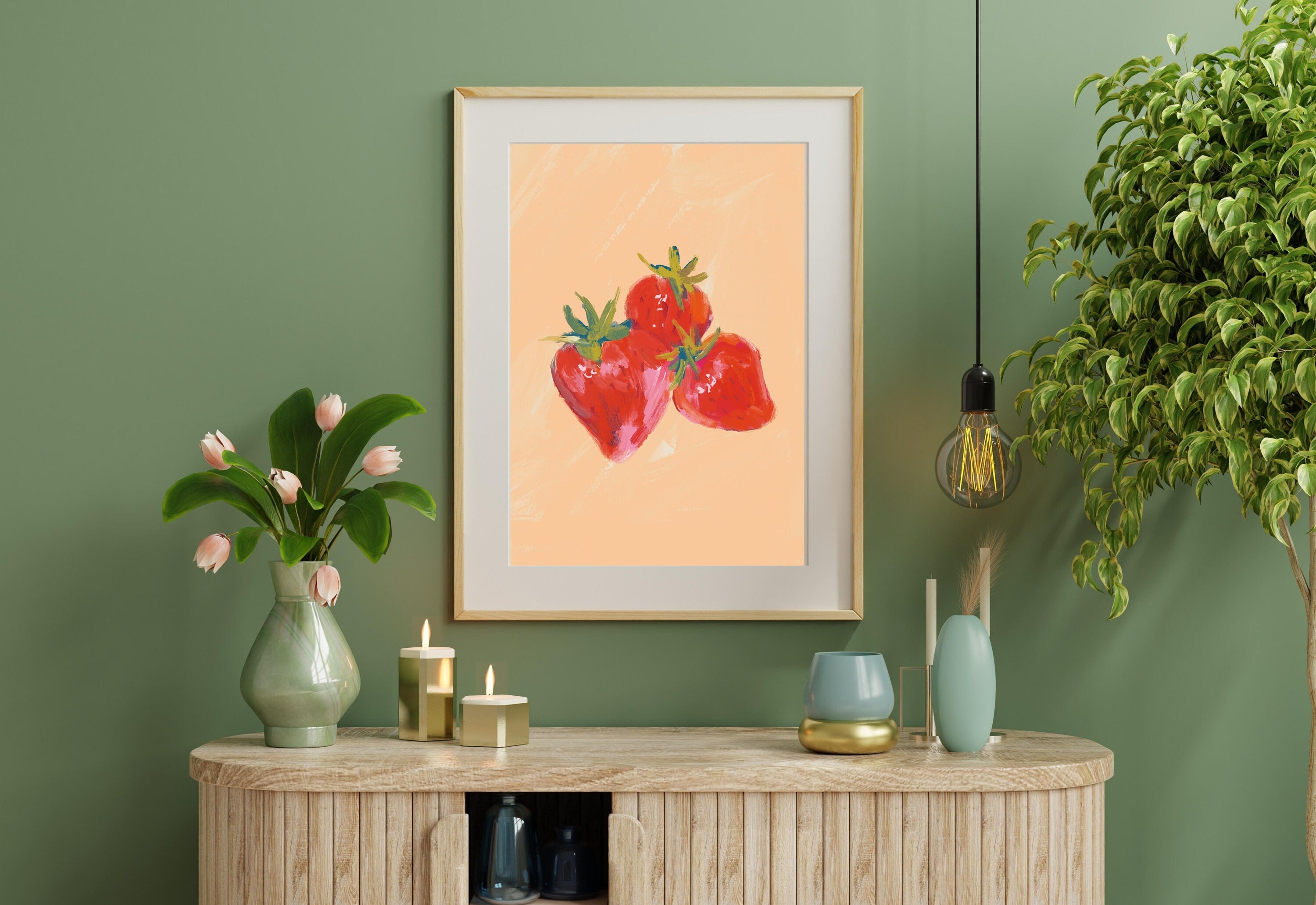 Strawberries Art Print,Digital Downloads,Christmas Gift,Fruit Art,Trendy Art,Painting Fruit Art,Girly Art,Cocktail Prints-Trendy Pink Art