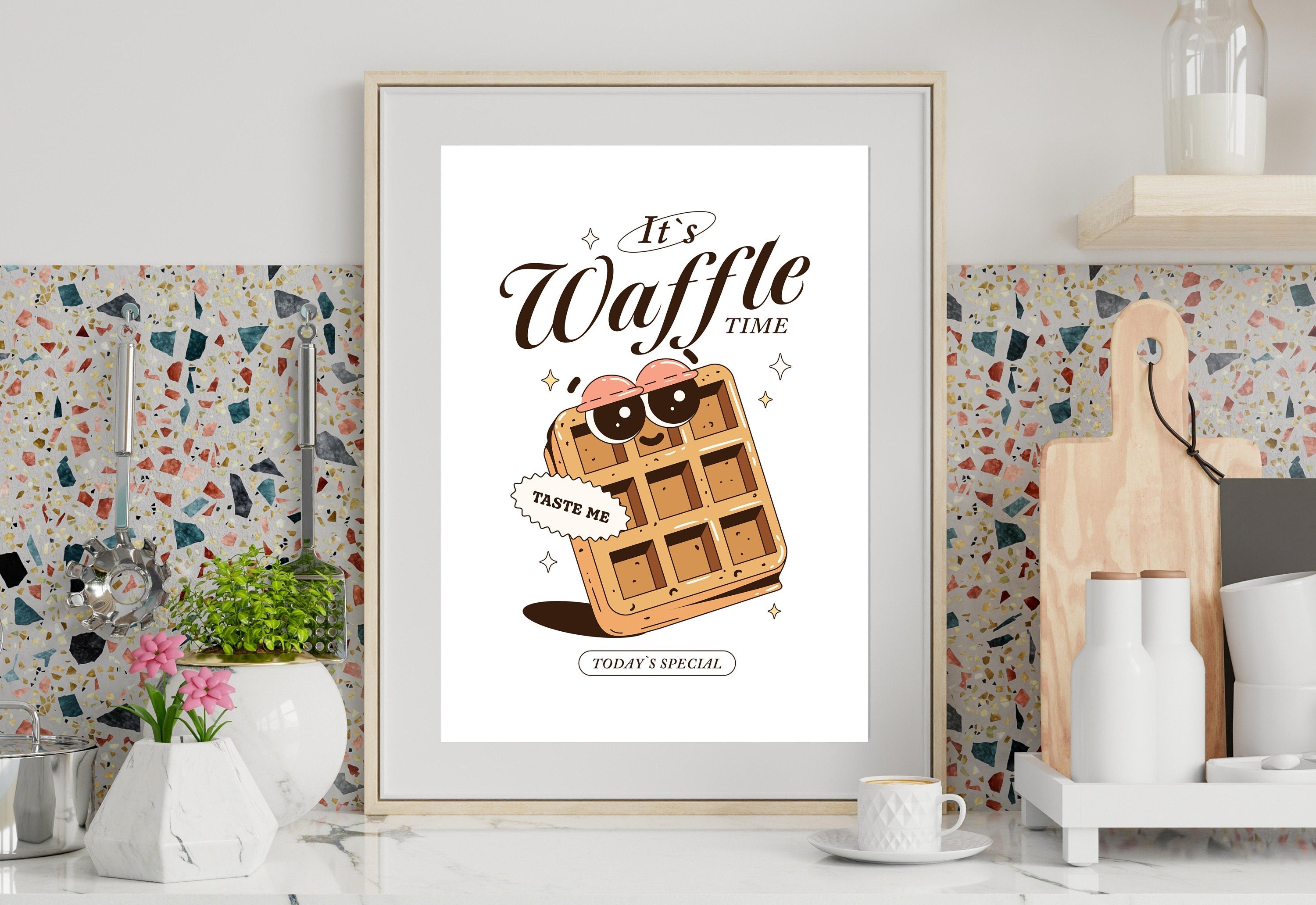 Retro Cartoon Poster, Breakfast Prints, Breakfast Art, Kitchen Posters, Waffle Cartoon Poster, Cute Cartoon Posters, Kitchen Art Prints