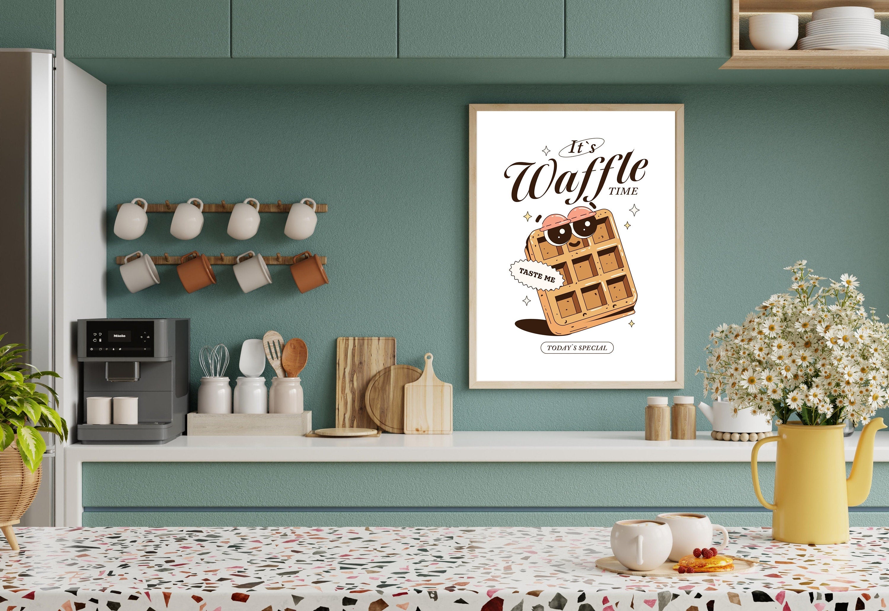 Retro Cartoon Poster, Breakfast Prints, Breakfast Art, Kitchen Posters, Waffle Cartoon Poster, Cute Cartoon Posters, Kitchen Art Prints