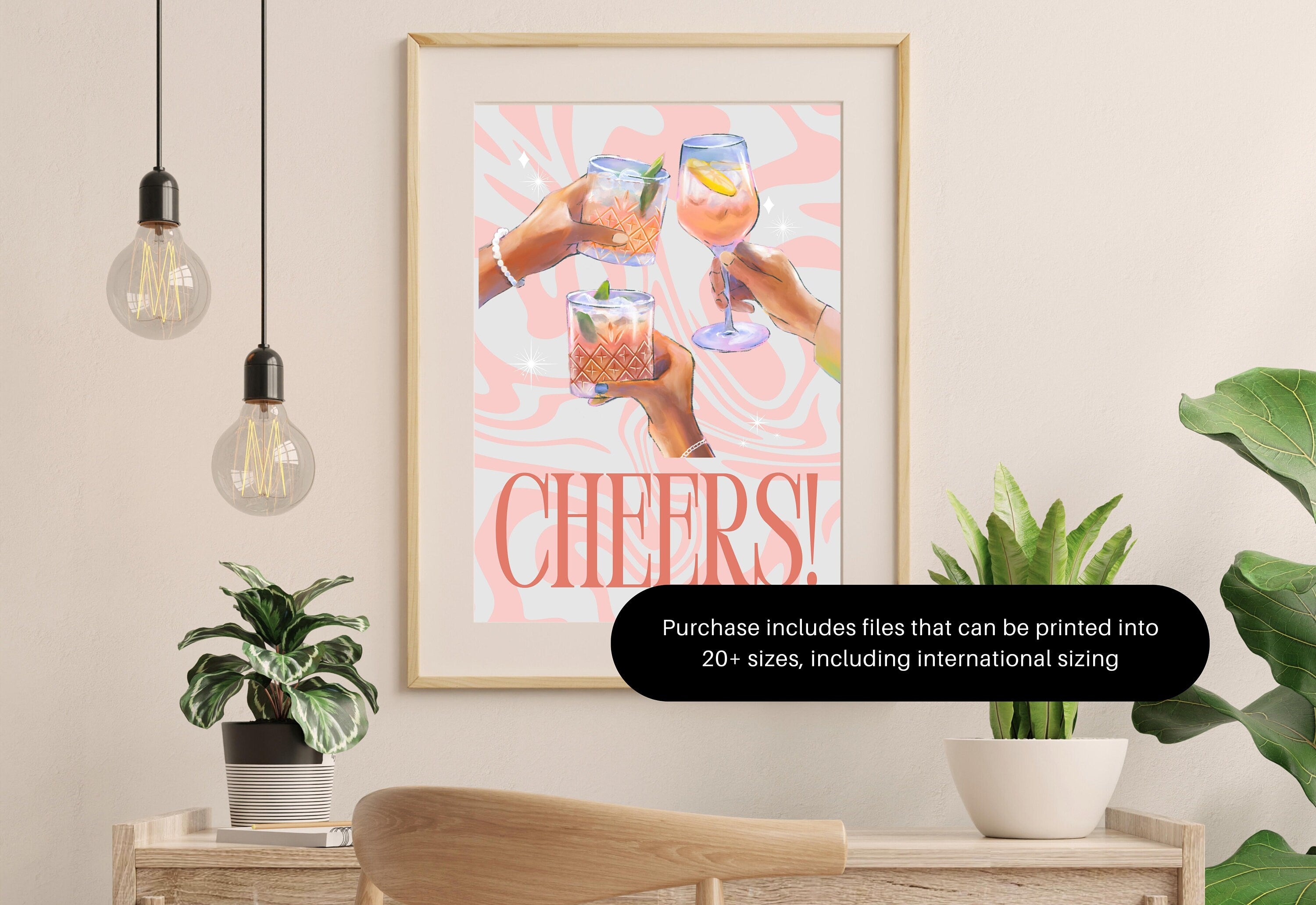 Happy Hour-Digital Download-Martini Art-Retro Print-Cheers Art Print-Trendy Art-70s Art Print-Girly Art-Cocktail Art-Preppy Pink Bar Art