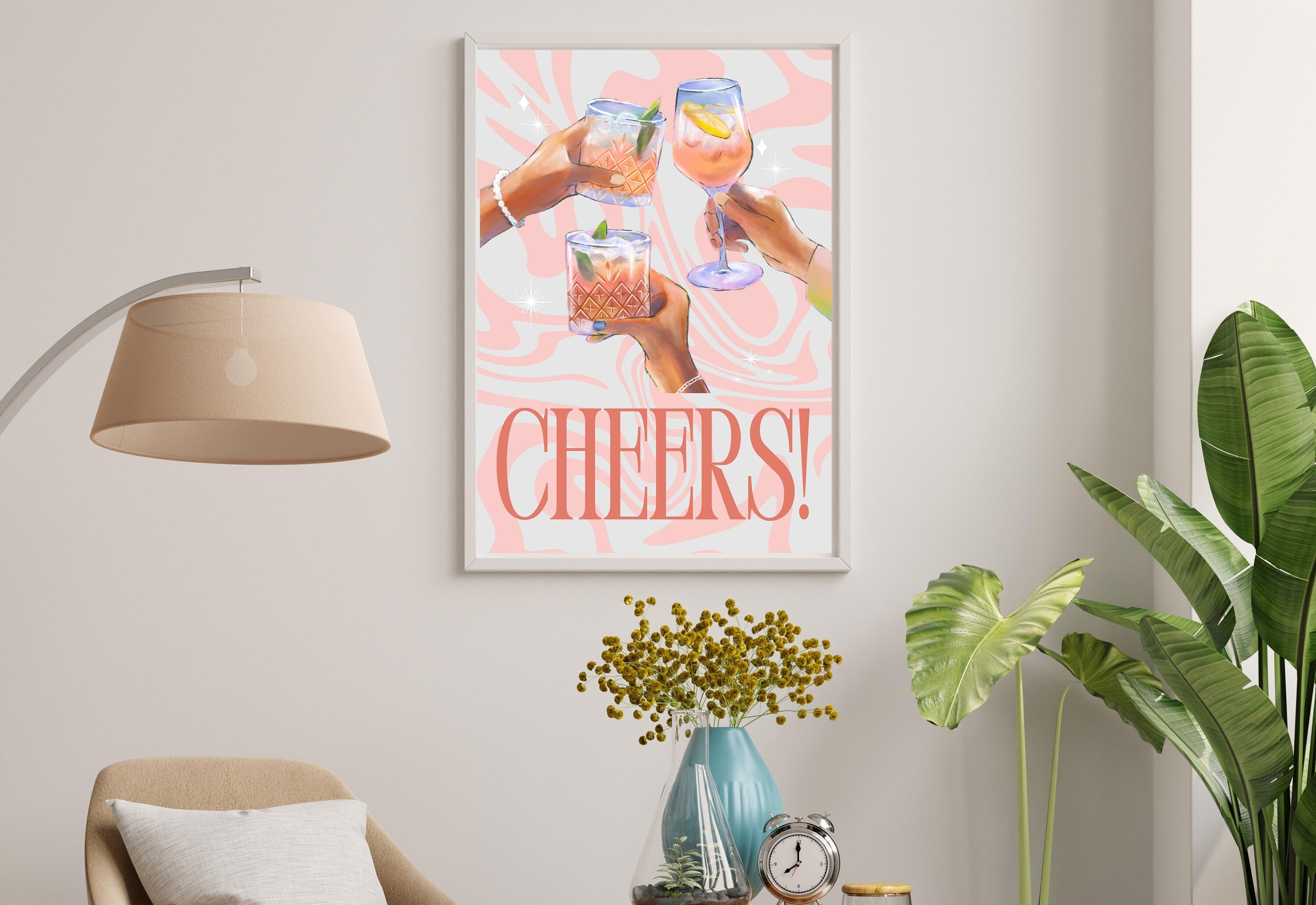 Happy Hour-Digital Download-Martini Art-Retro Print-Cheers Art Print-Trendy Art-70s Art Print-Girly Art-Cocktail Art-Preppy Pink Bar Art