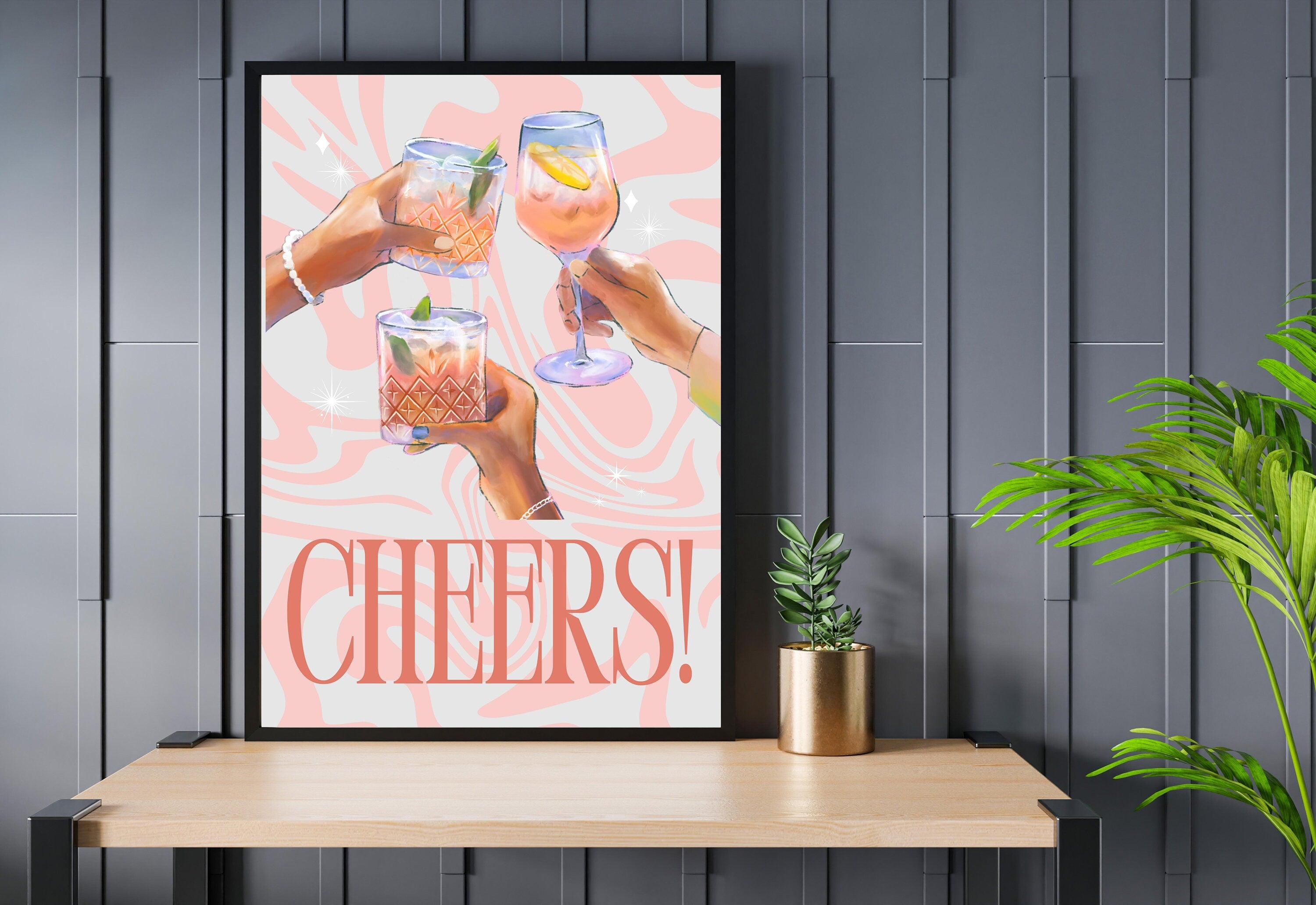 Happy Hour-Digital Download-Martini Art-Retro Print-Cheers Art Print-Trendy Art-70s Art Print-Girly Art-Cocktail Art-Preppy Pink Bar Art