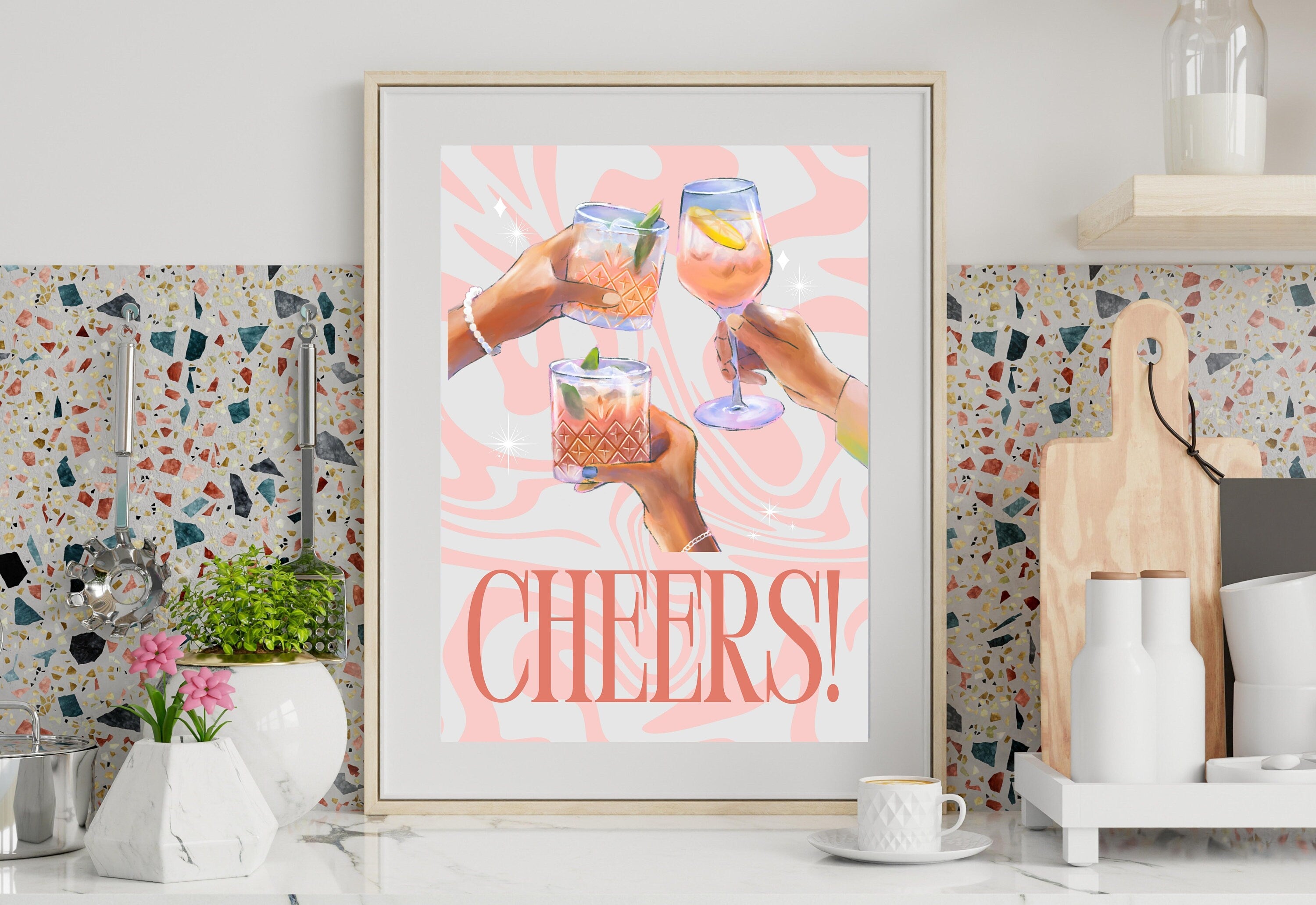 Happy Hour-Digital Download-Martini Art-Retro Print-Cheers Art Print-Trendy Art-70s Art Print-Girly Art-Cocktail Art-Preppy Pink Bar Art