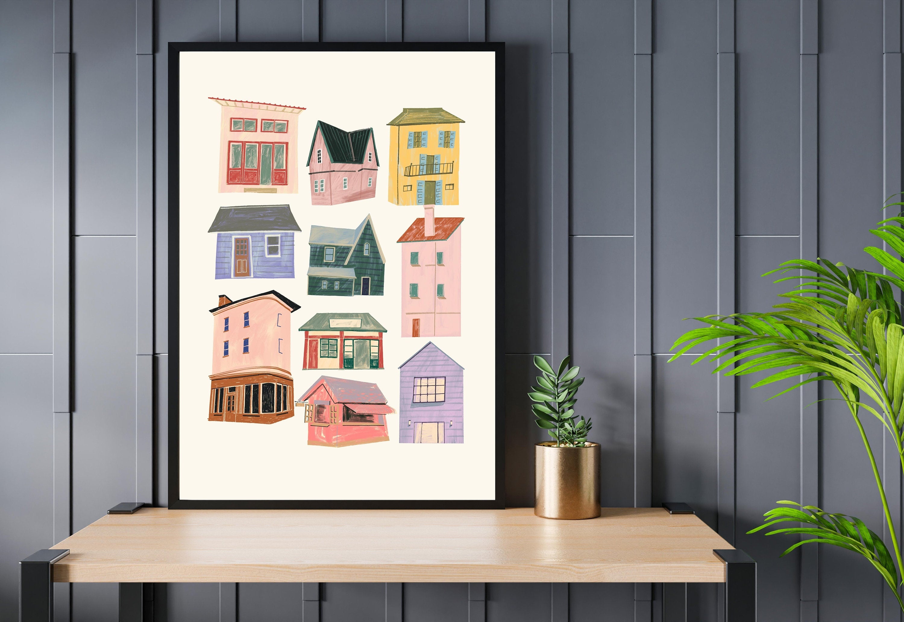 Houses Painting, Floral Art Print, Wall Art Print, Digital Downloads, Trendy Art, Retro Decor, Downloadable Prints, Doodle Art Prints