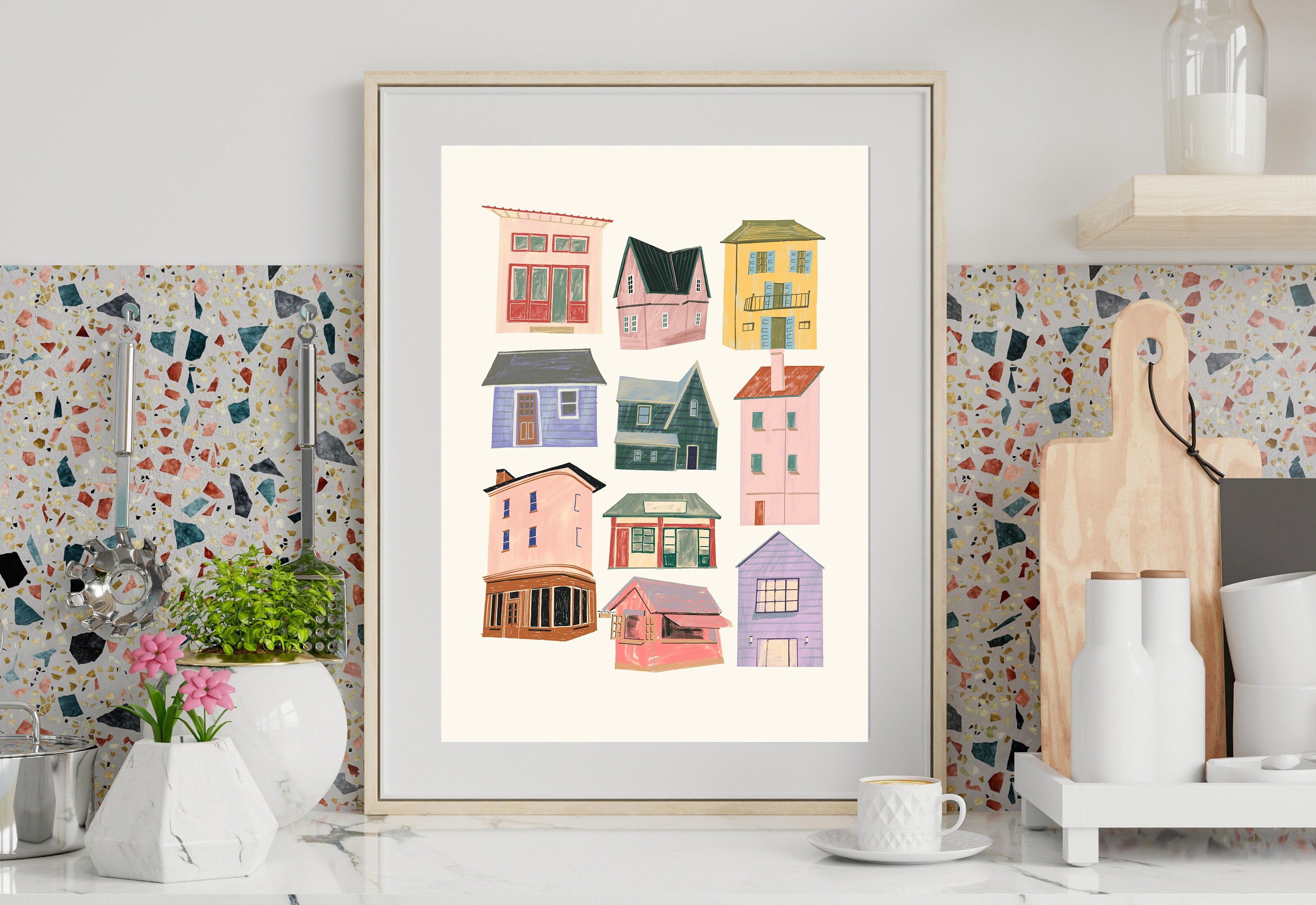 Houses Painting, Floral Art Print, Wall Art Print, Digital Downloads, Trendy Art, Retro Decor, Downloadable Prints, Doodle Art Prints