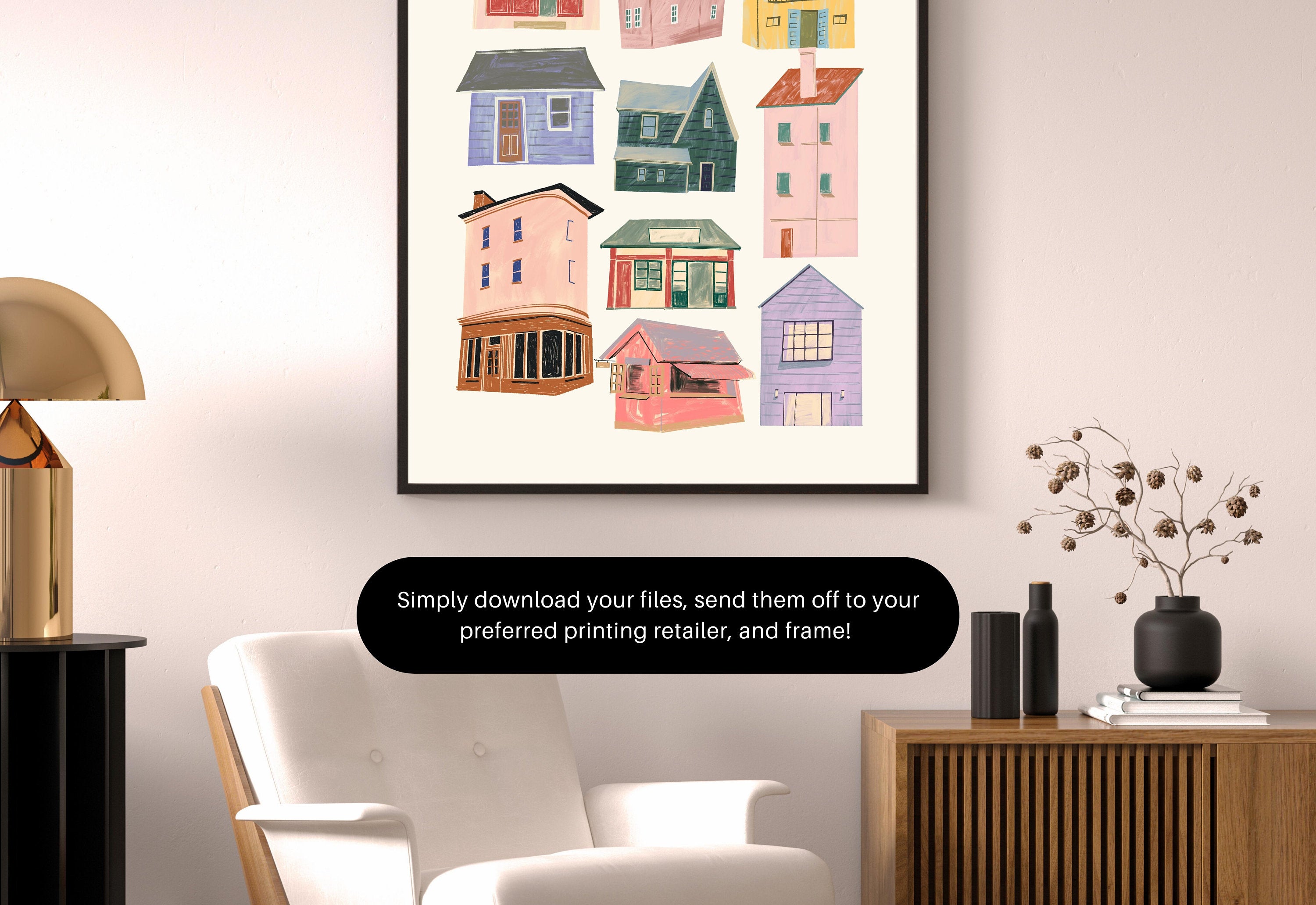 Houses Painting, Floral Art Print, Wall Art Print, Digital Downloads, Trendy Art, Retro Decor, Downloadable Prints, Doodle Art Prints