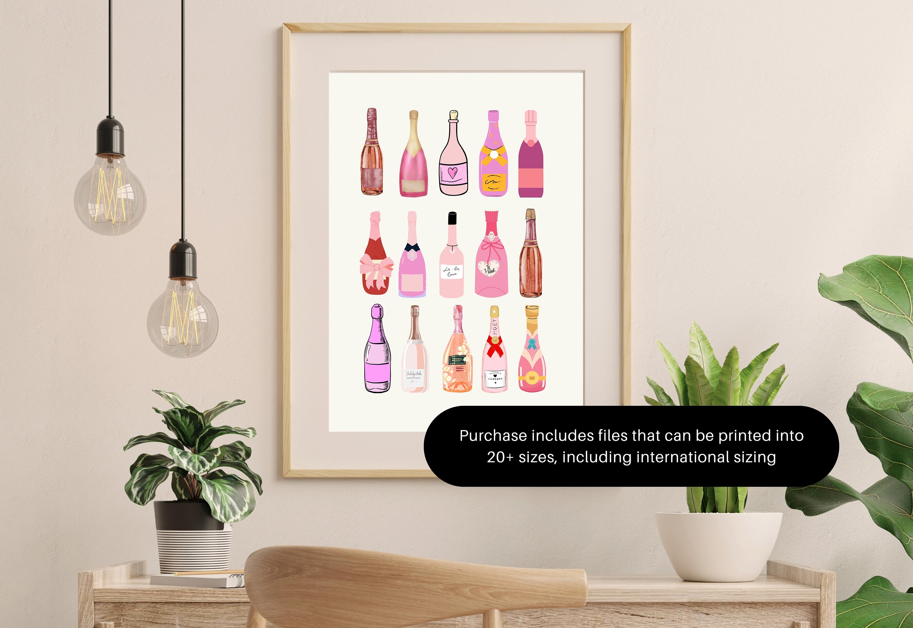 Retro Champagne Poster, Wall Print, Digital Download, Preppy Pink Prints, Barbie Doll Art, Vintage Doll Art, Y2K Aesthetic, Girly Bar Art