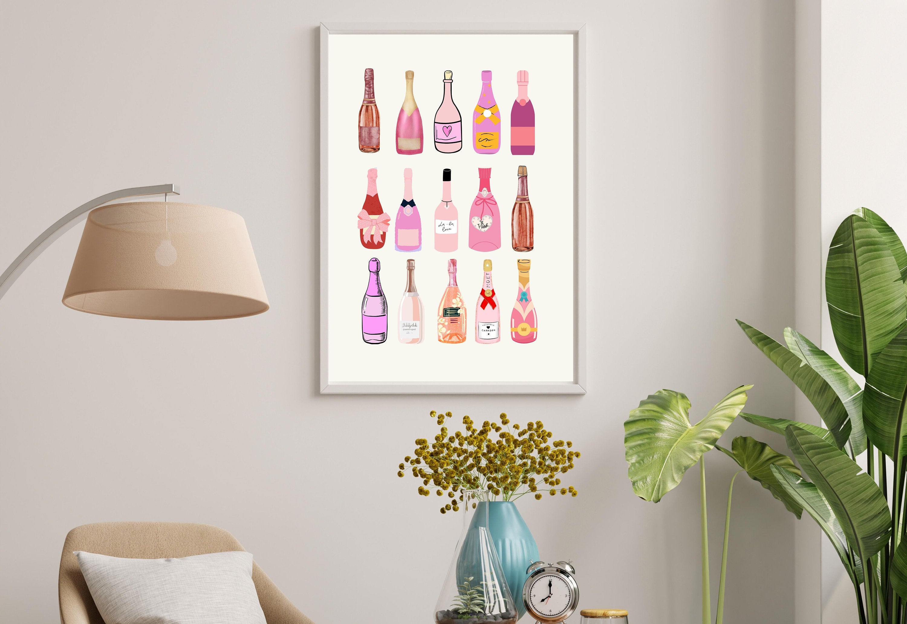 Retro Champagne Poster, Wall Print, Digital Download, Preppy Pink Prints, Barbie Doll Art, Vintage Doll Art, Y2K Aesthetic, Girly Bar Art