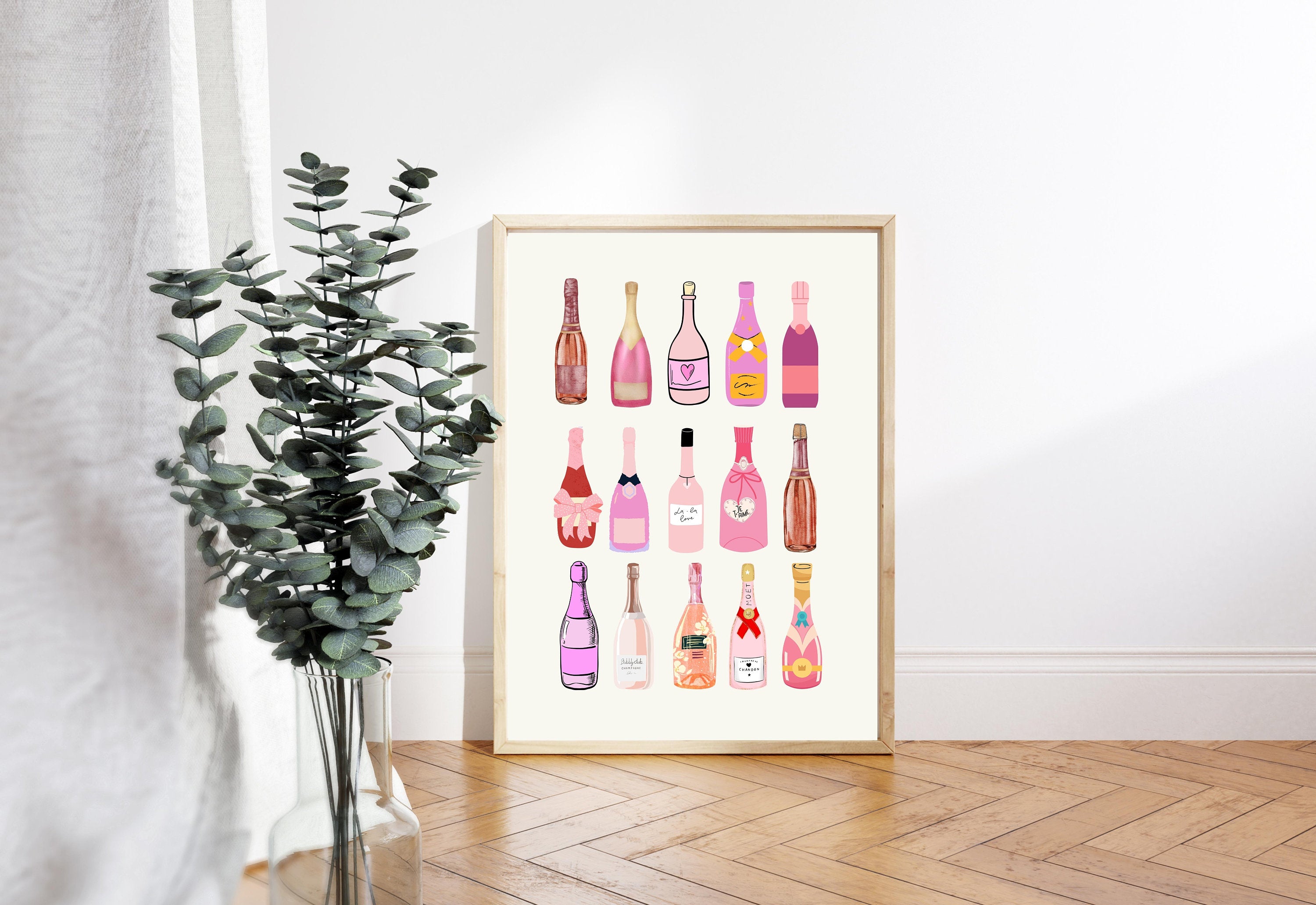 Retro Champagne Poster, Wall Print, Digital Download, Preppy Pink Prints, Barbie Doll Art, Vintage Doll Art, Y2K Aesthetic, Girly Bar Art