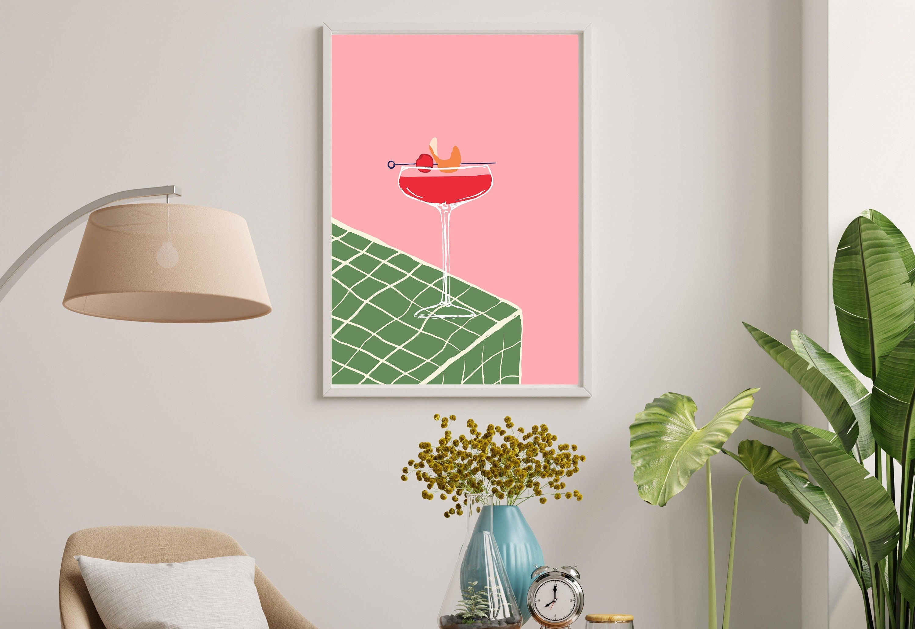 Martini Art, Cocktail Art, Cheers Art Print, Trendy Art, 70s Art Print, Girly Cocktail Art, Bar Cart Art, Pink Cocktail Art, Fun Drink Art