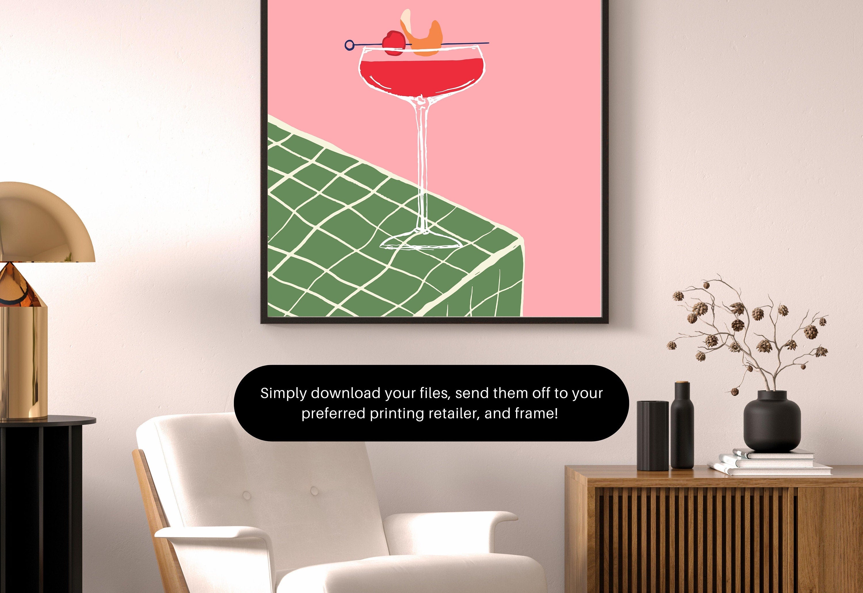 Martini Art, Cocktail Art, Cheers Art Print, Trendy Art, 70s Art Print, Girly Cocktail Art, Bar Cart Art, Pink Cocktail Art, Fun Drink Art