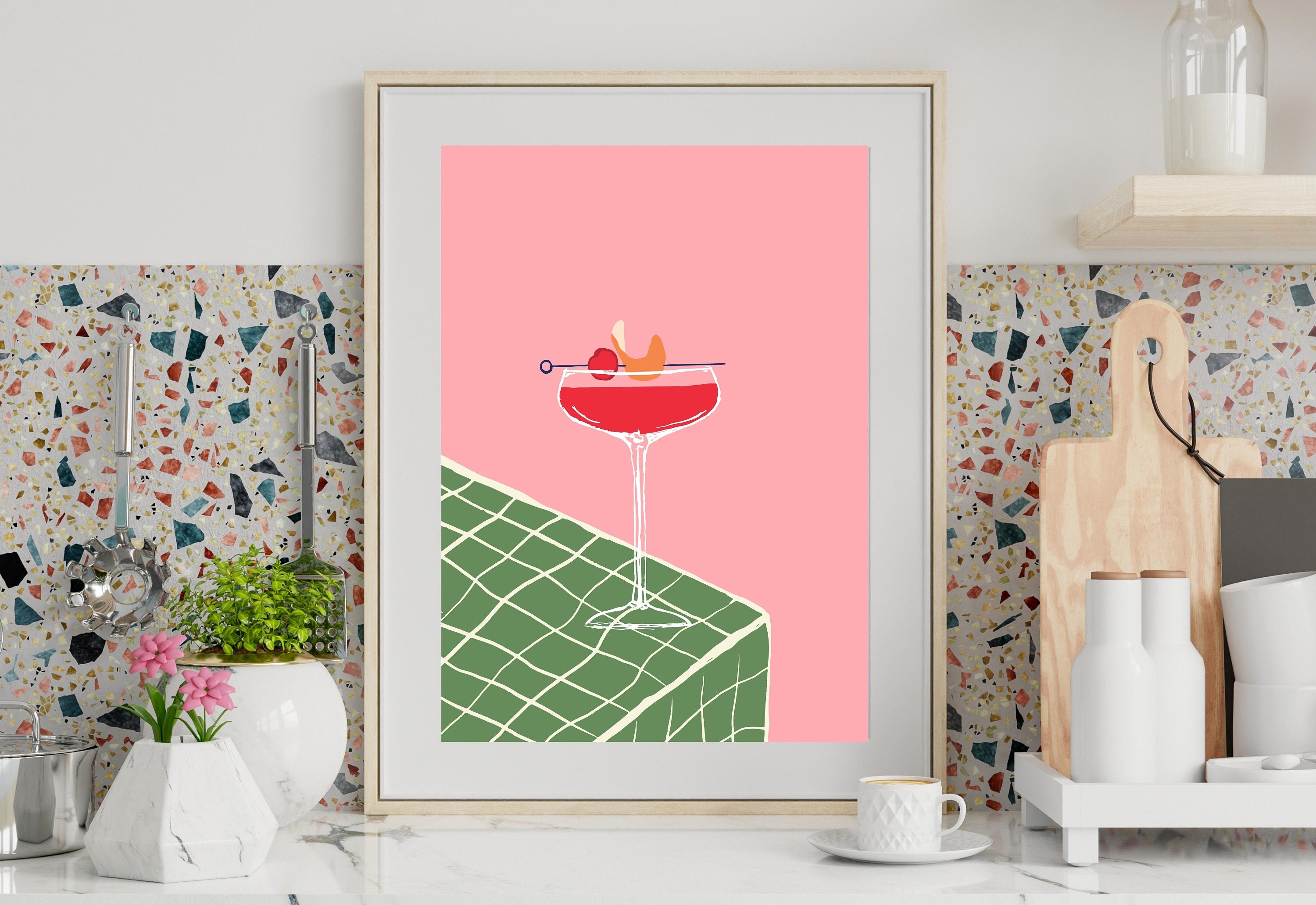 Martini Art, Cocktail Art, Cheers Art Print, Trendy Art, 70s Art Print, Girly Cocktail Art, Bar Cart Art, Pink Cocktail Art, Fun Drink Art