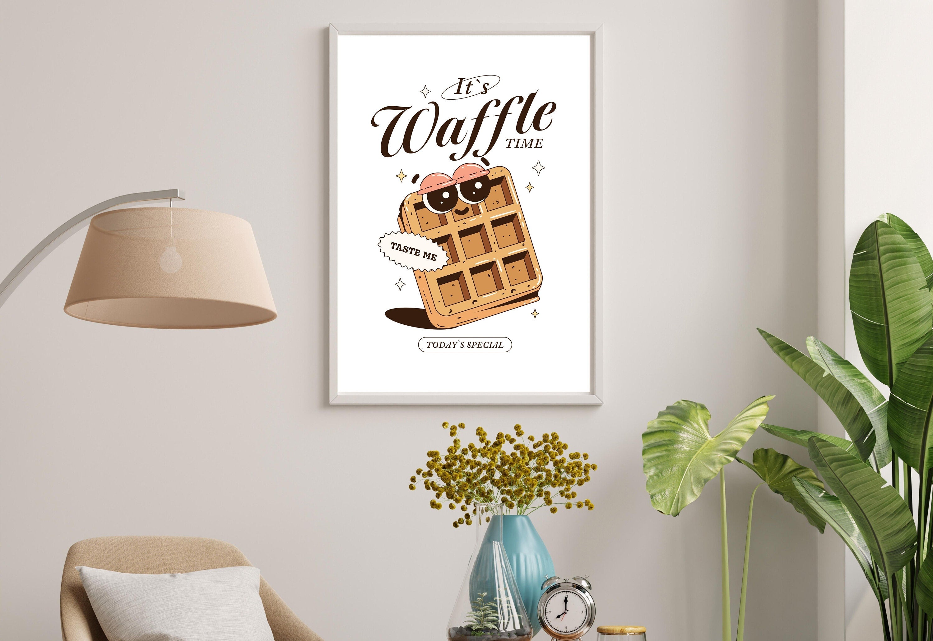 Retro Cartoon Poster, Breakfast Prints, Breakfast Art, Kitchen Posters, Waffle Cartoon Poster, Cute Cartoon Posters, Kitchen Art Prints