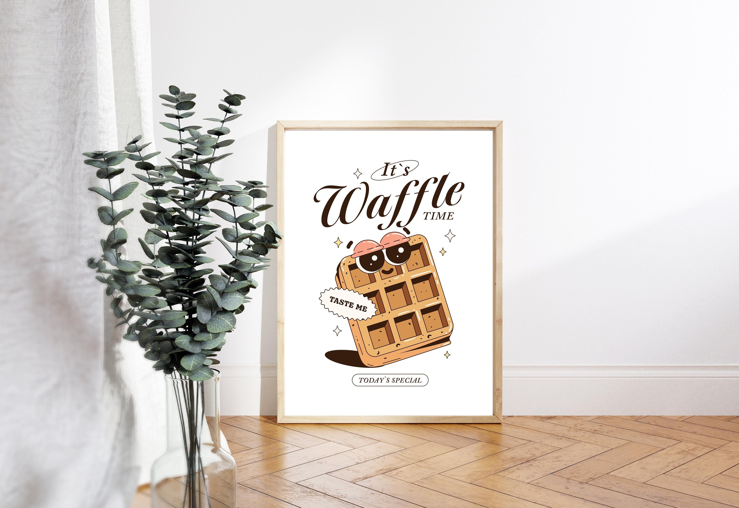 Retro Cartoon Poster, Breakfast Prints, Breakfast Art, Kitchen Posters, Waffle Cartoon Poster, Cute Cartoon Posters, Kitchen Art Prints