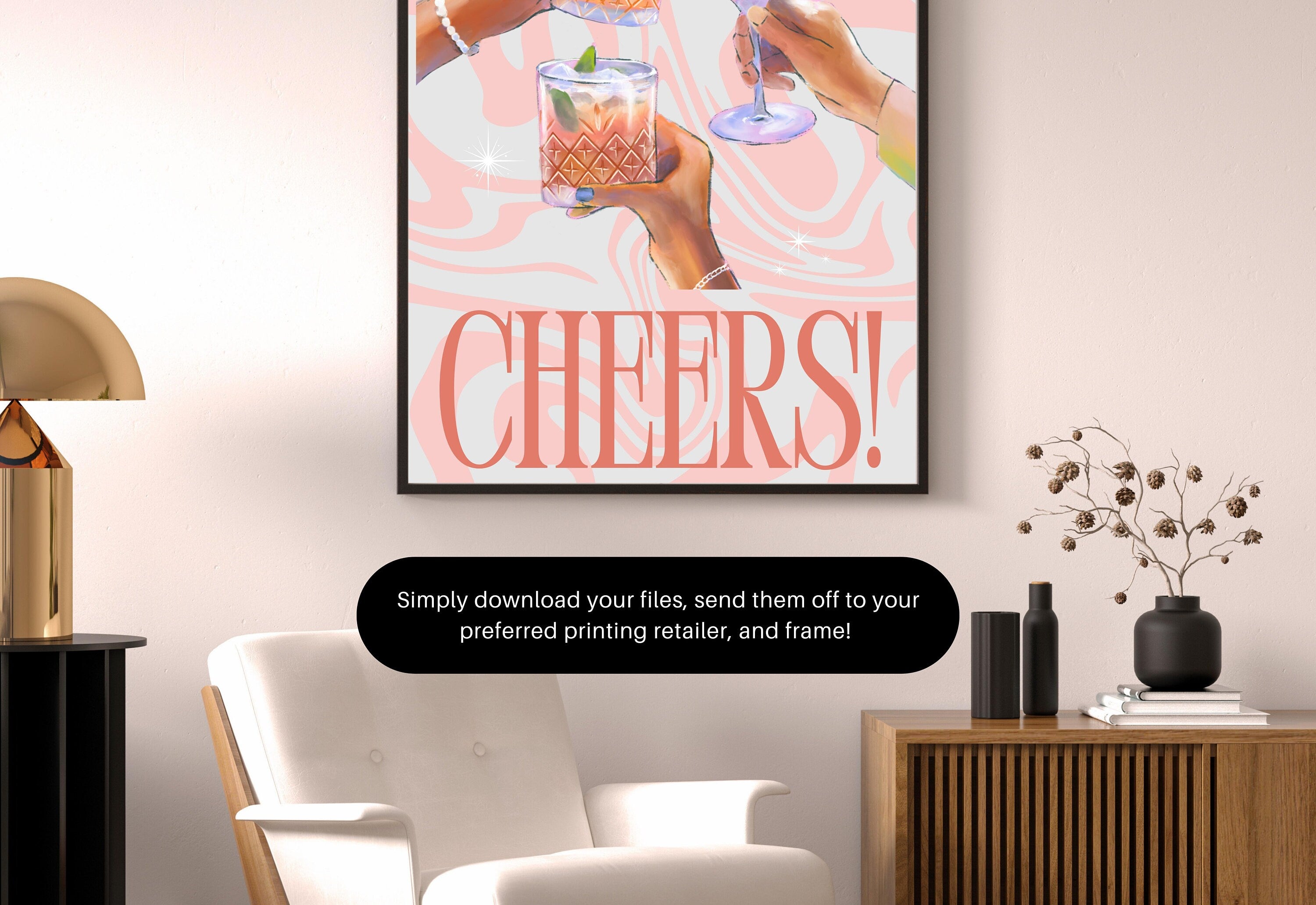 Happy Hour-Digital Download-Martini Art-Retro Print-Cheers Art Print-Trendy Art-70s Art Print-Girly Art-Cocktail Art-Preppy Pink Bar Art