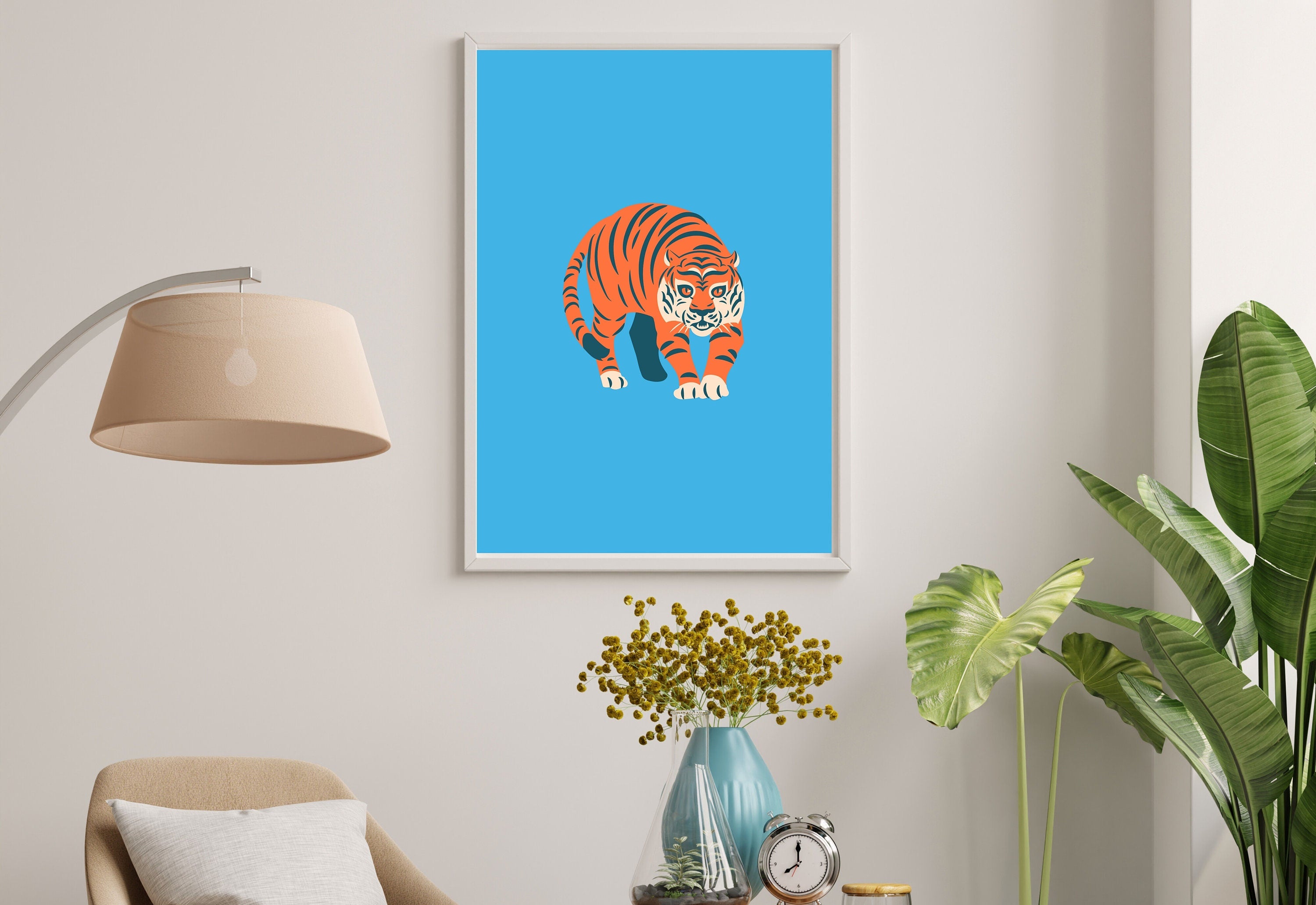 Tiger Art Print, Funky Trendy Art Prints, Dorm Decor, Digital Prints, Trendy Art, Animal Art, Minimal Poster, Funky Tiger Art, Blue Wall Art