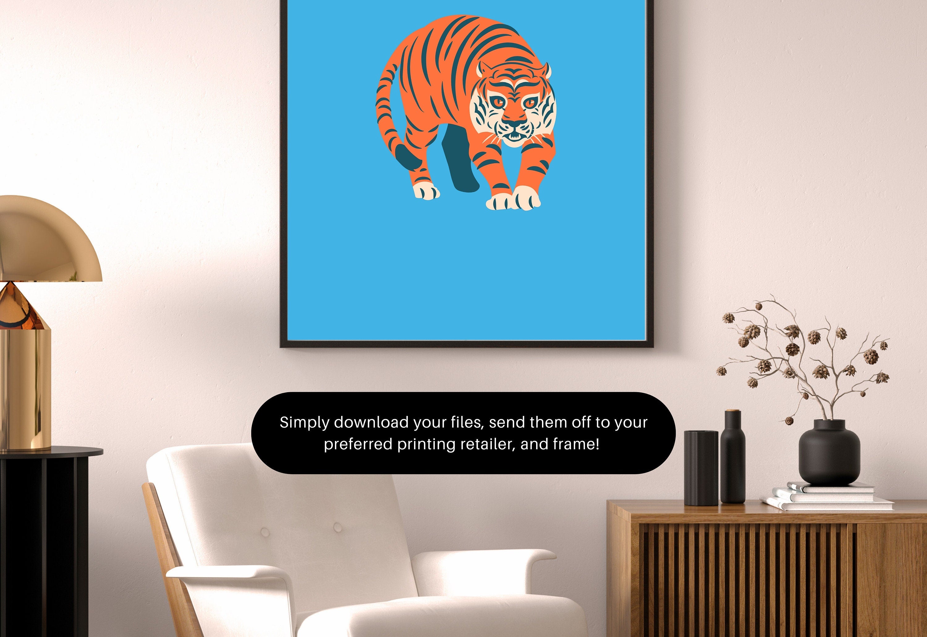 Tiger Art Print, Funky Trendy Art Prints, Dorm Decor, Digital Prints, Trendy Art, Animal Art, Minimal Poster, Funky Tiger Art, Blue Wall Art