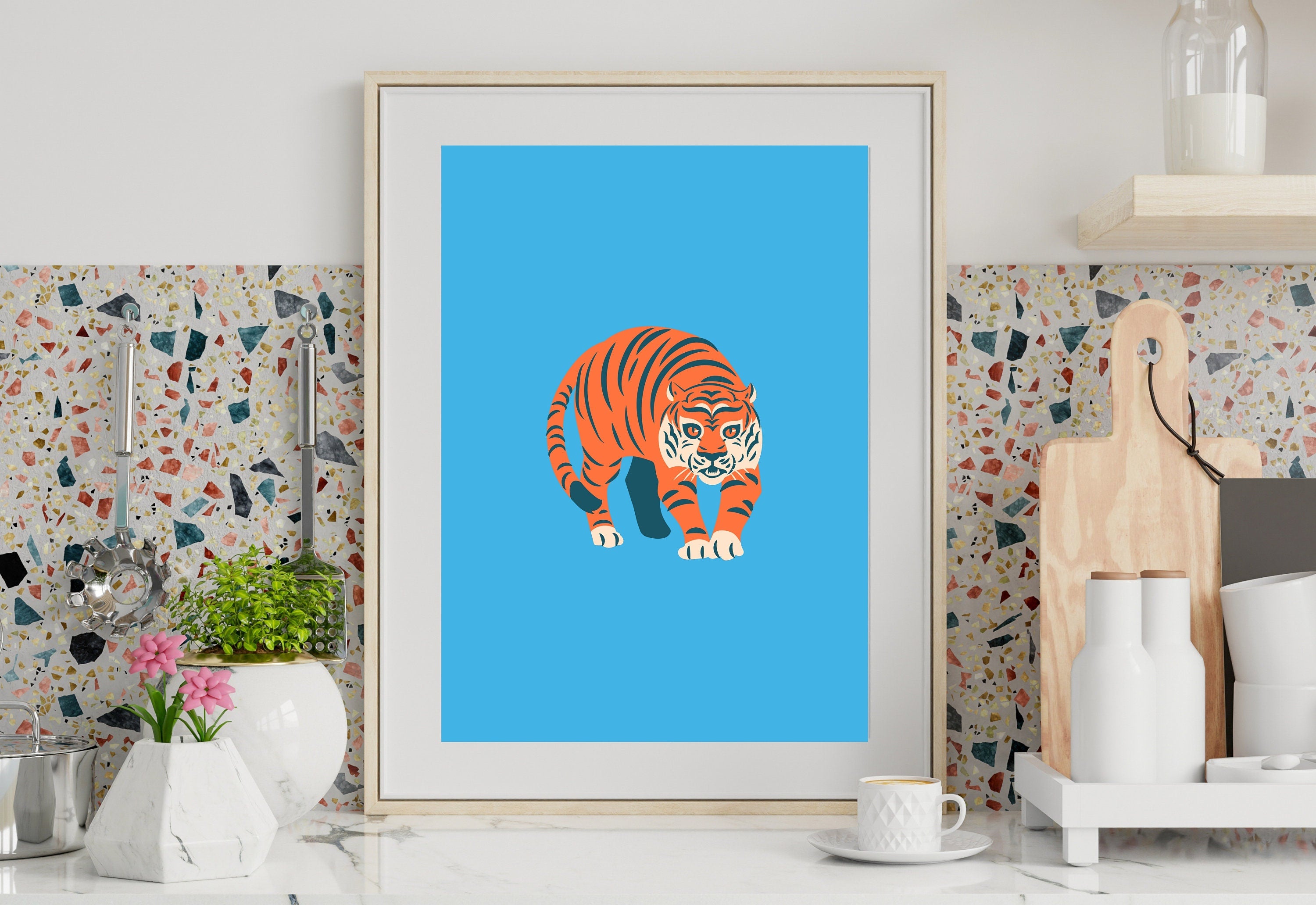 Tiger Art Print, Funky Trendy Art Prints, Dorm Decor, Digital Prints, Trendy Art, Animal Art, Minimal Poster, Funky Tiger Art, Blue Wall Art