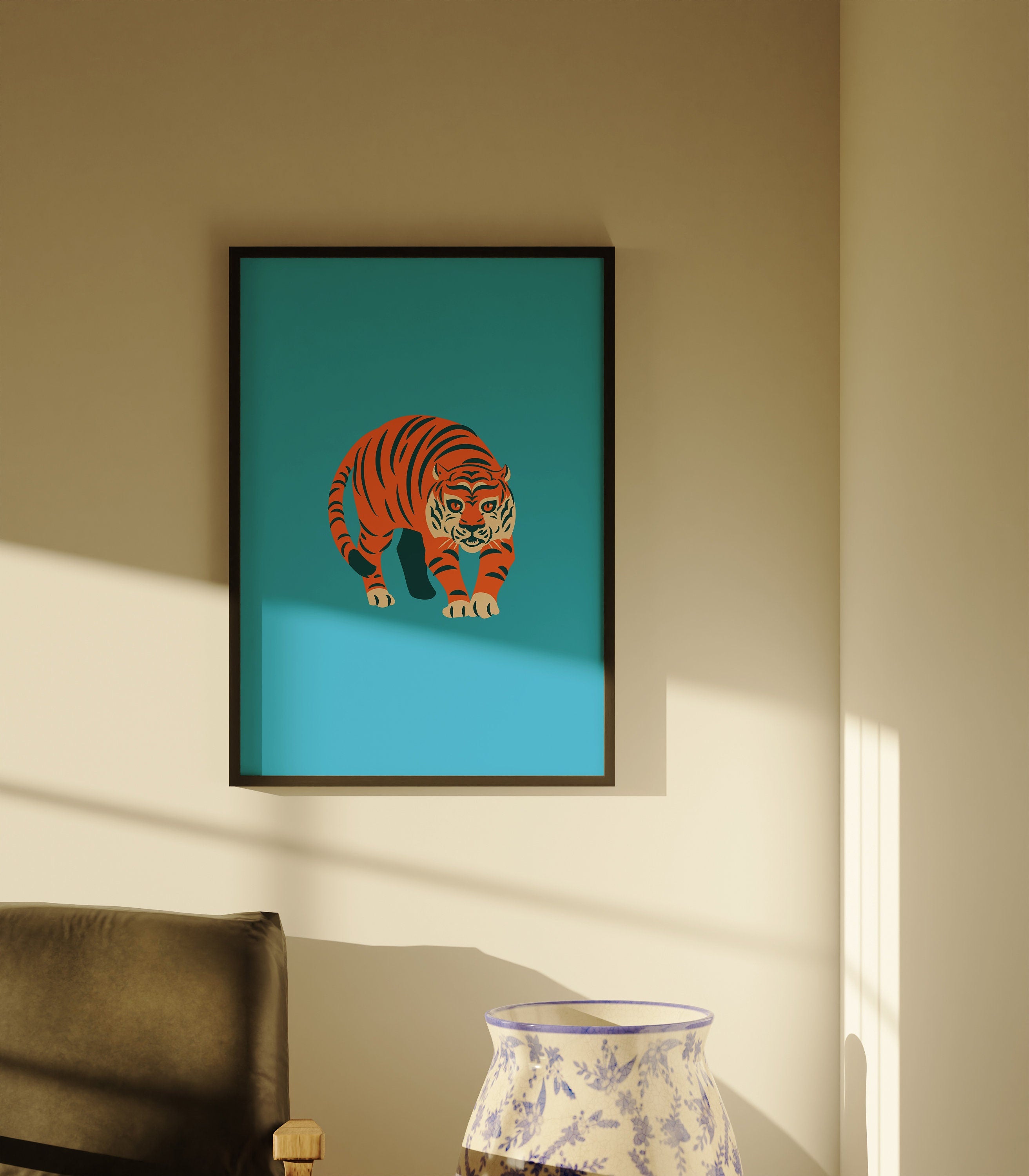 Tiger Art Print, Funky Trendy Art Prints, Dorm Decor, Digital Prints, Trendy Art, Animal Art, Minimal Poster, Funky Tiger Art, Blue Wall Art