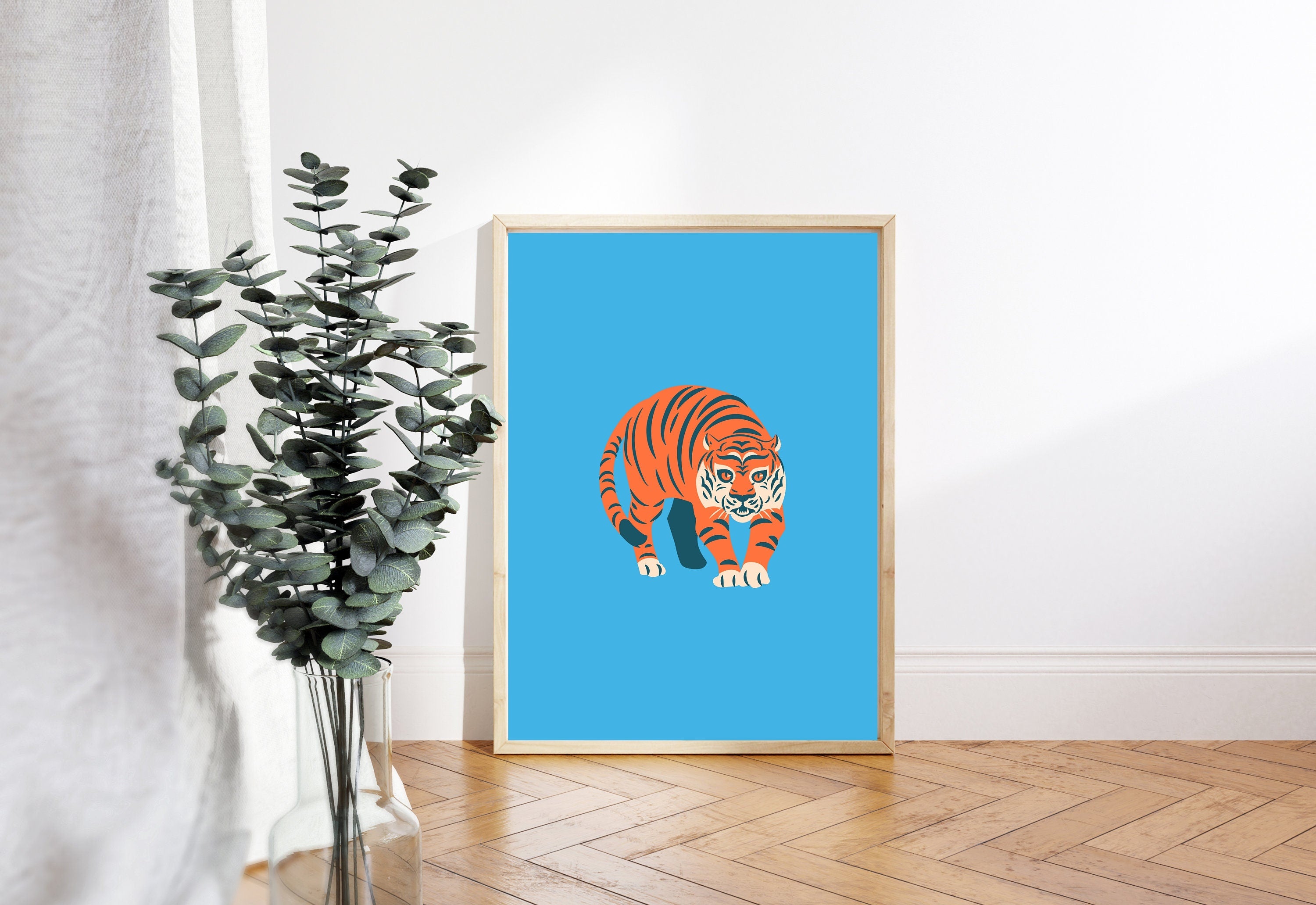 Tiger Art Print, Funky Trendy Art Prints, Dorm Decor, Digital Prints, Trendy Art, Animal Art, Minimal Poster, Funky Tiger Art, Blue Wall Art