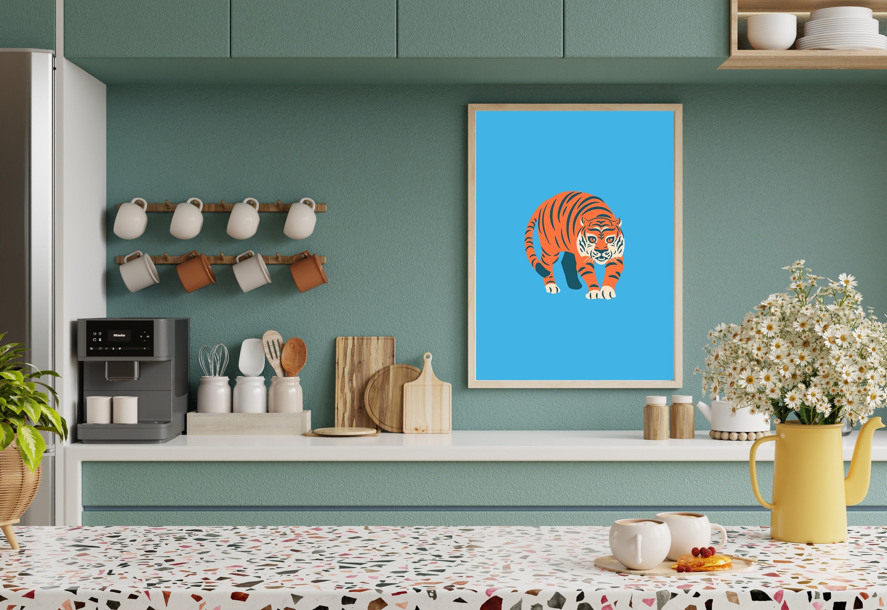 Tiger Art Print, Funky Trendy Art Prints, Dorm Decor, Digital Prints, Trendy Art, Animal Art, Minimal Poster, Funky Tiger Art, Blue Wall Art