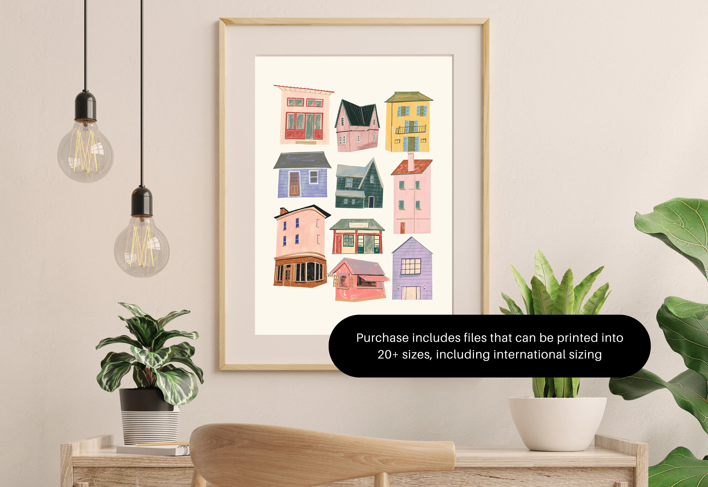 Houses Painting, Floral Art Print, Wall Art Print, Digital Downloads, Trendy Art, Retro Decor, Downloadable Prints, Doodle Art Prints