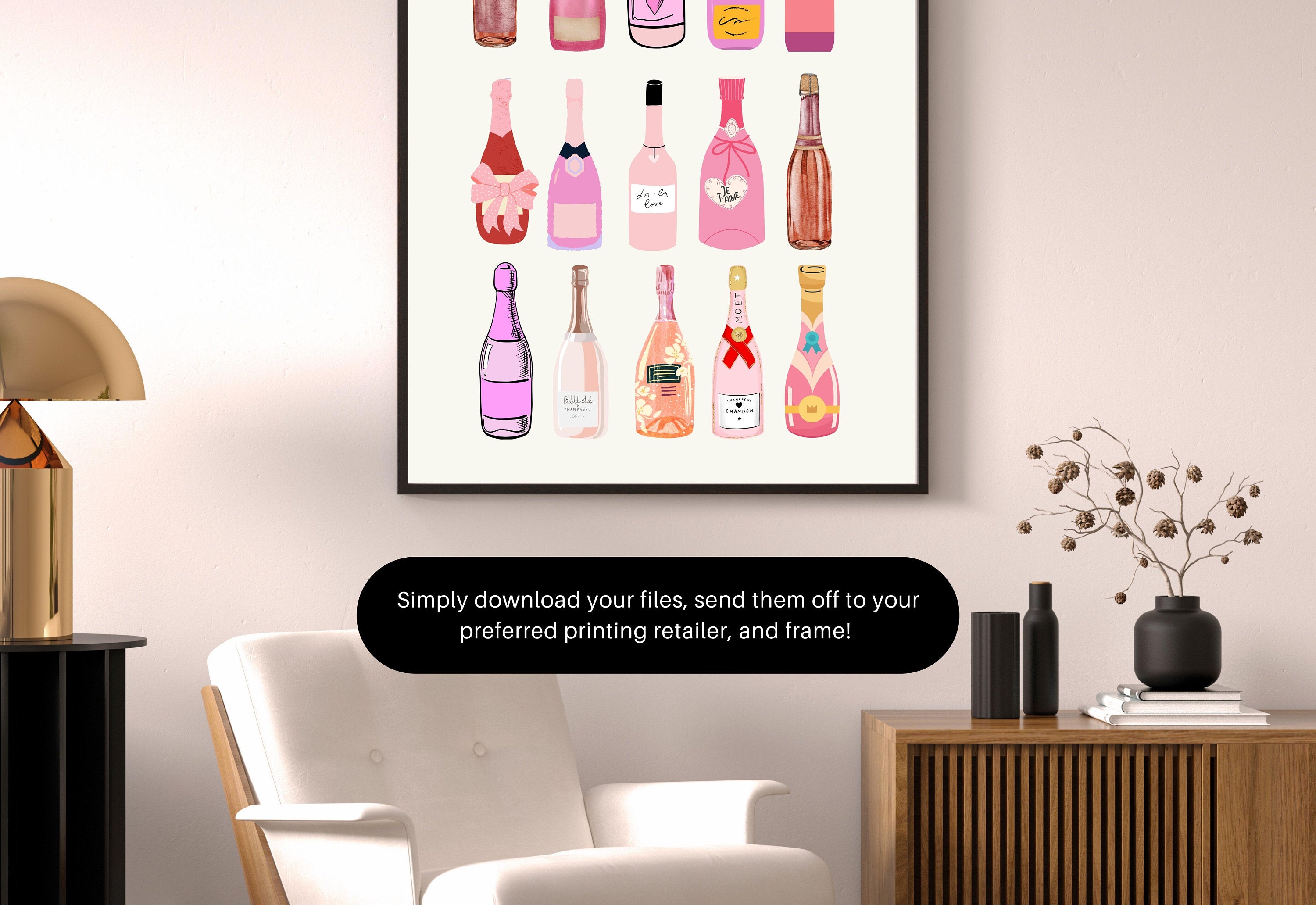 Retro Champagne Poster, Wall Print, Digital Download, Preppy Pink Prints, Barbie Doll Art, Vintage Doll Art, Y2K Aesthetic, Girly Bar Art