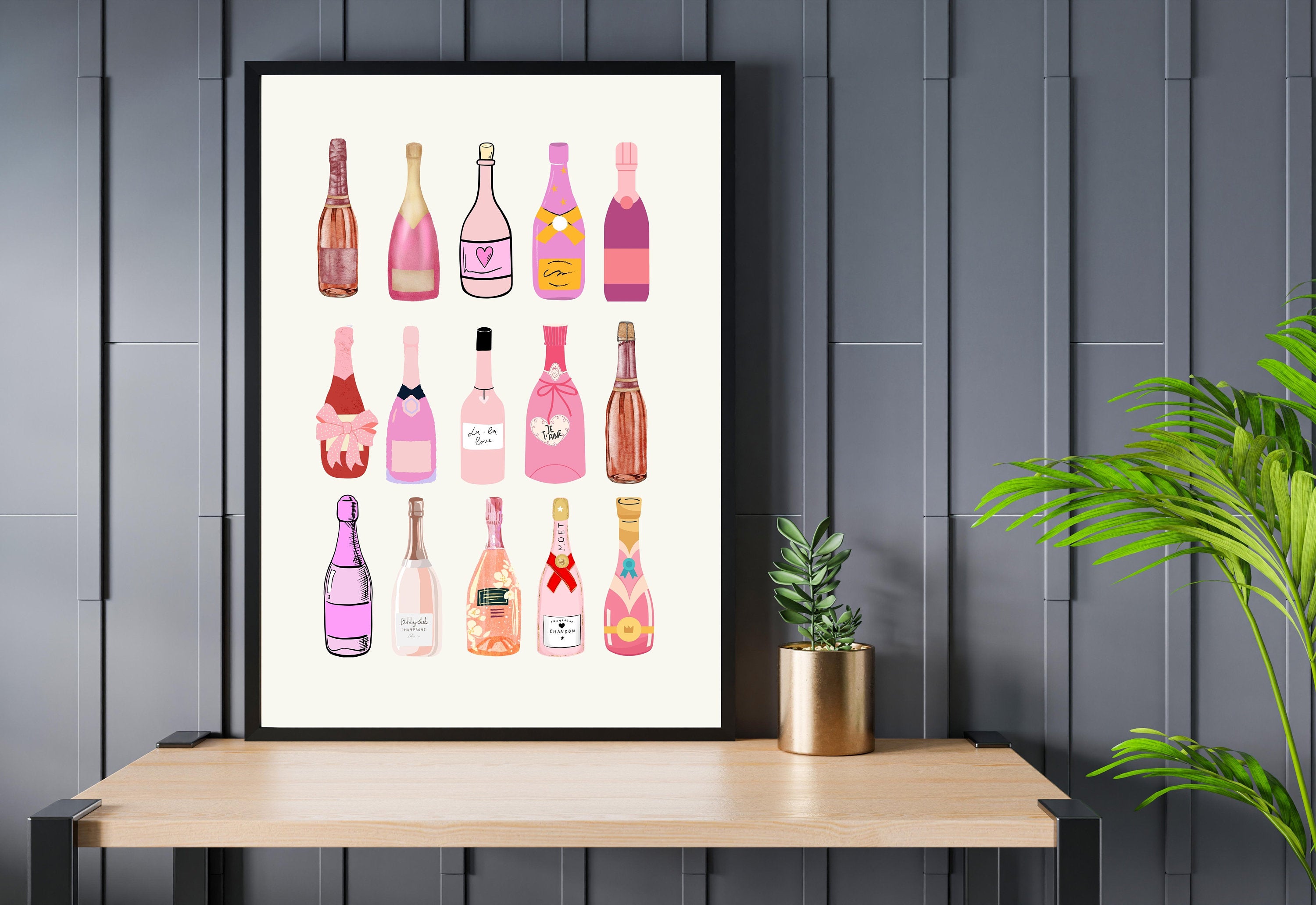 Retro Champagne Poster, Wall Print, Digital Download, Preppy Pink Prints, Barbie Doll Art, Vintage Doll Art, Y2K Aesthetic, Girly Bar Art