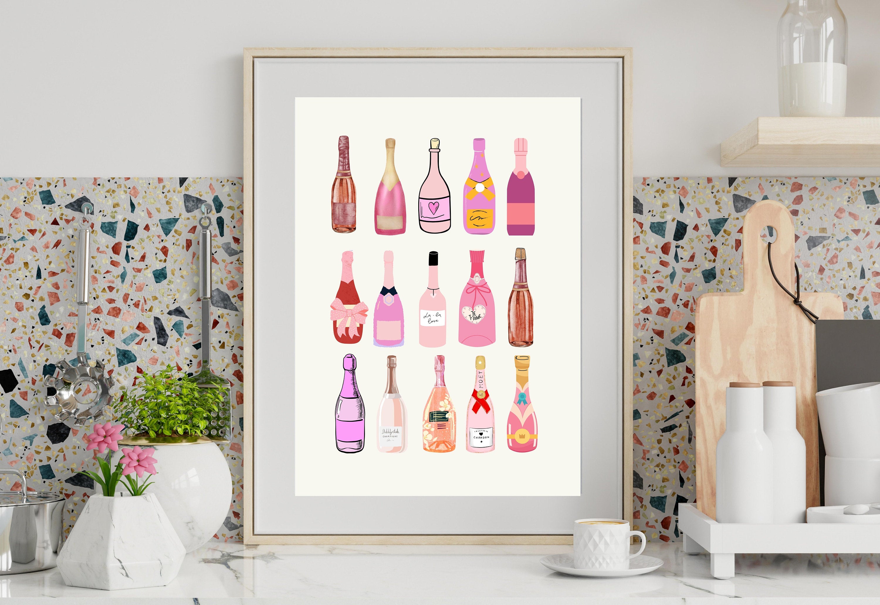 Retro Champagne Poster, Wall Print, Digital Download, Preppy Pink Prints, Barbie Doll Art, Vintage Doll Art, Y2K Aesthetic, Girly Bar Art