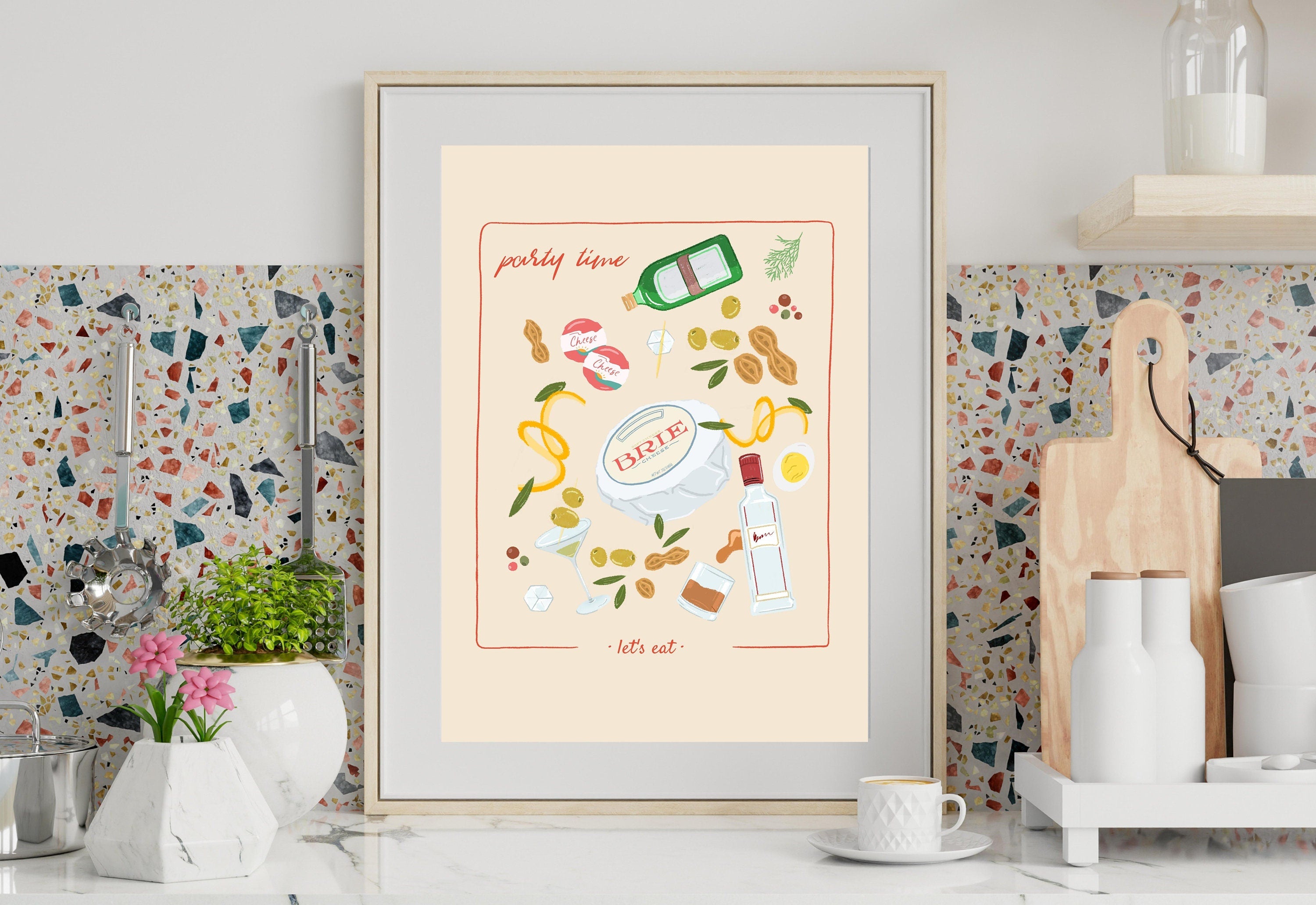 Retro Food Poster, Digital Download, Preppy Food Prints, Fun Kitchen Art, Doodle Food, Y2K Aesthetic, Girly Kitchen Art, Bar Cart Posters