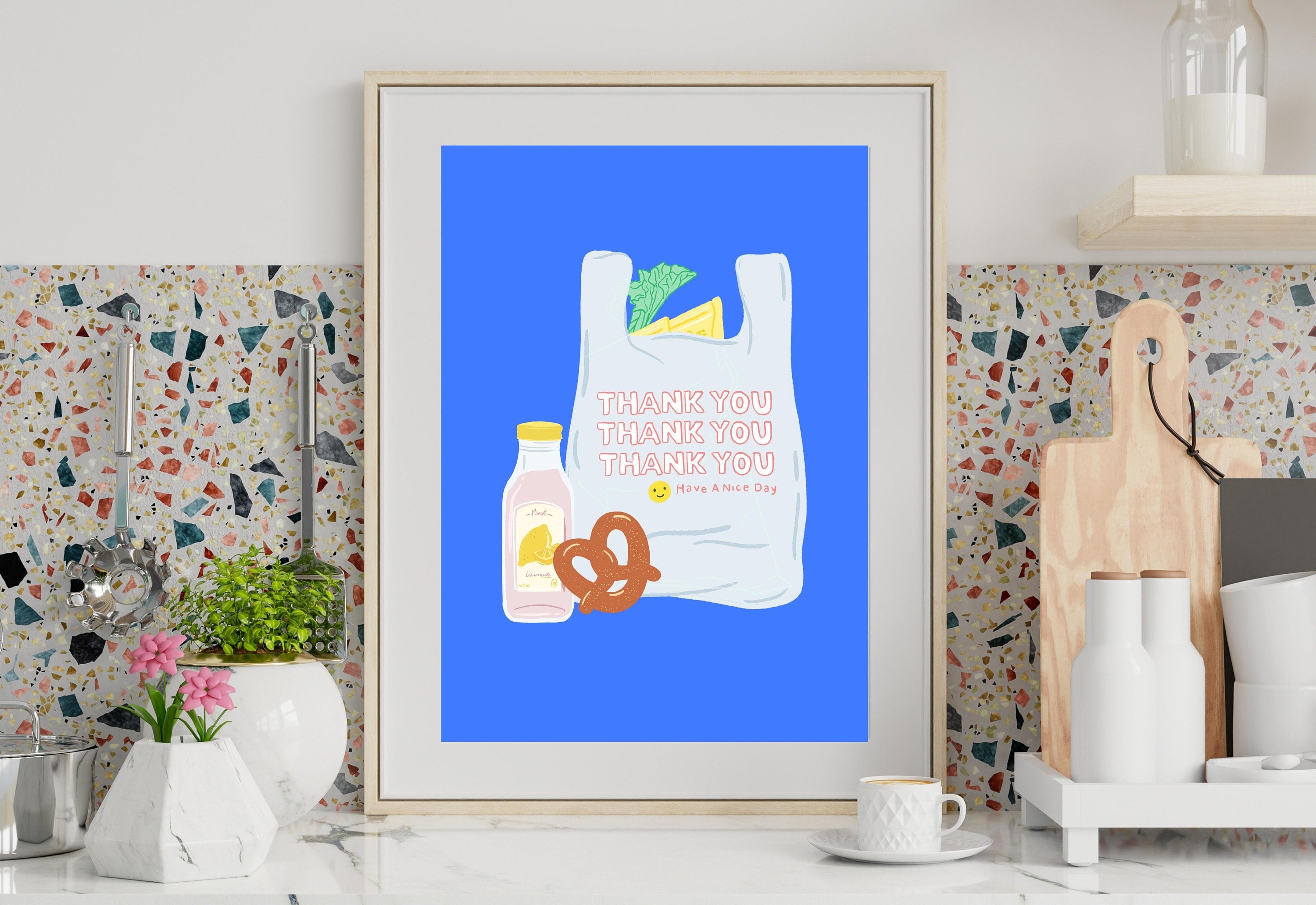 Thank You Shopping Bag Art Print, Have A Nice Day Plastic Bag, Digital Download, Minimal Wall Decor, Cute Kitchen Decor, Kitchen Posters